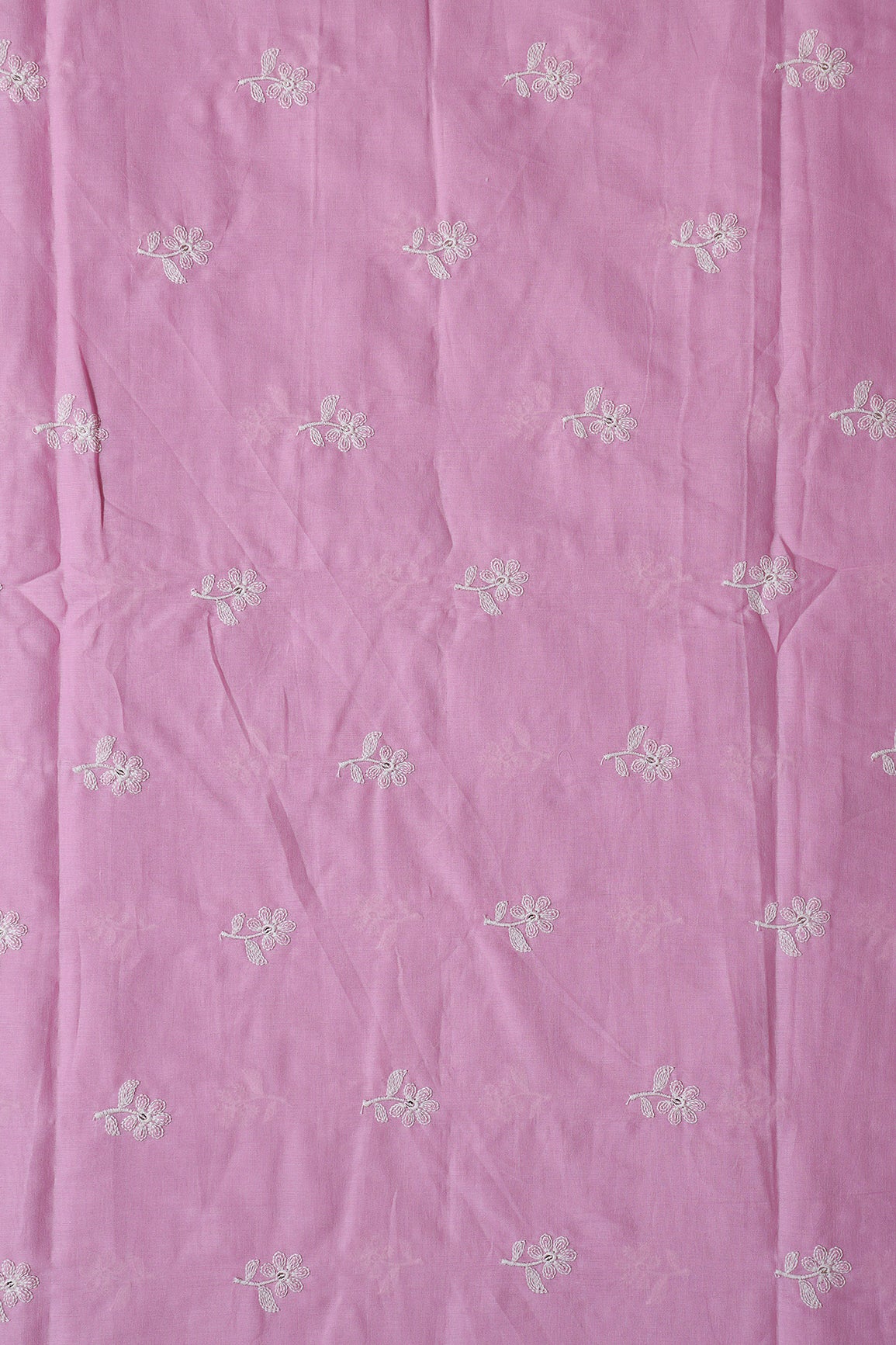 White Thread Small Floral Embroidery On Lilac Pure Mul Cotton Fabric