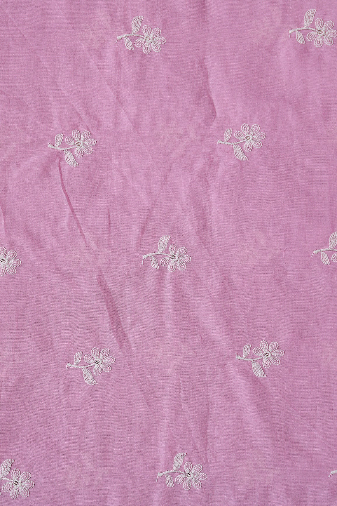 White Thread Small Floral Embroidery On Lilac Pure Mul Cotton Fabric