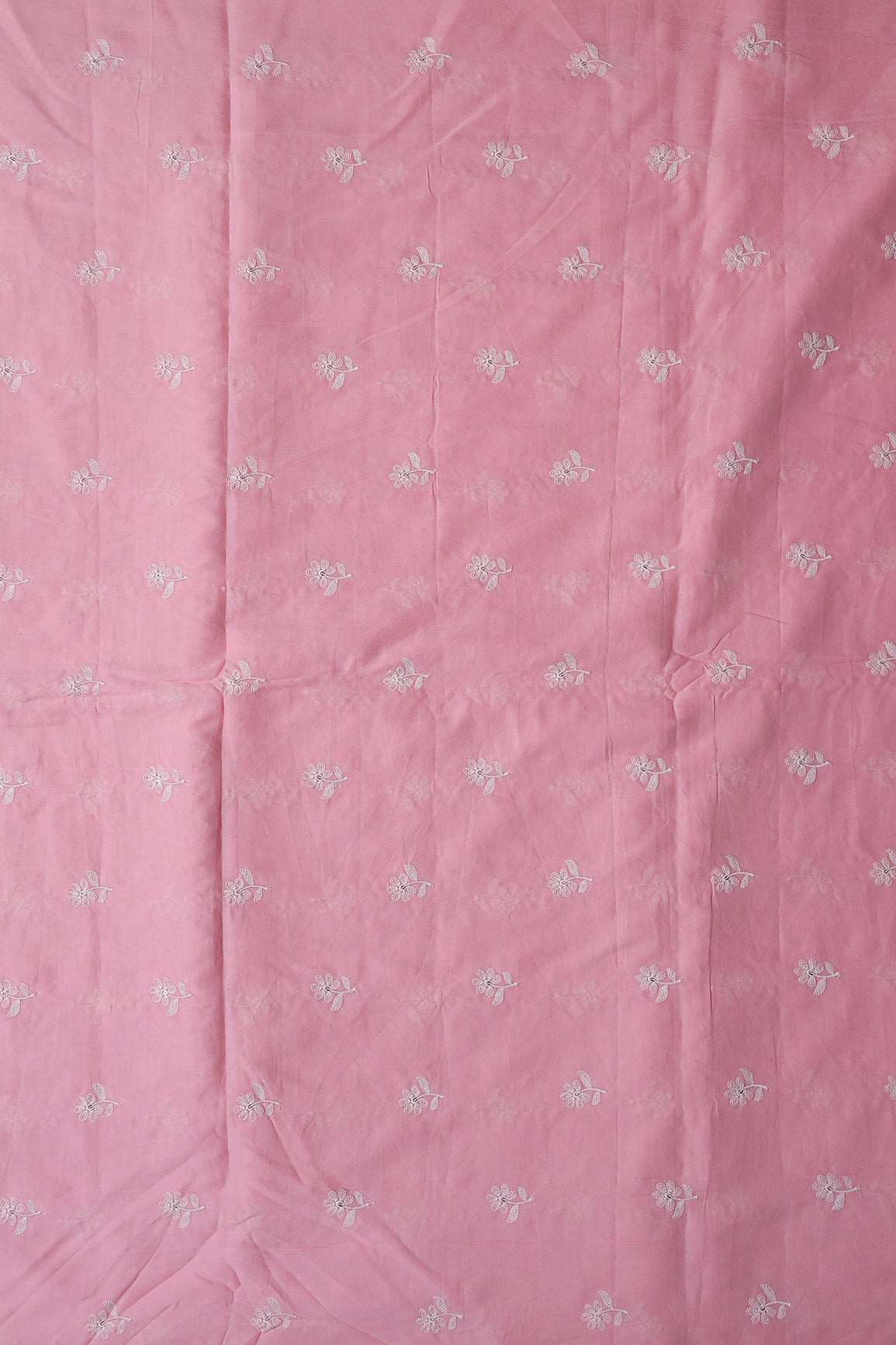 White Thread Small Floral Embroidery On Pink Pure Mul Cotton Fabric