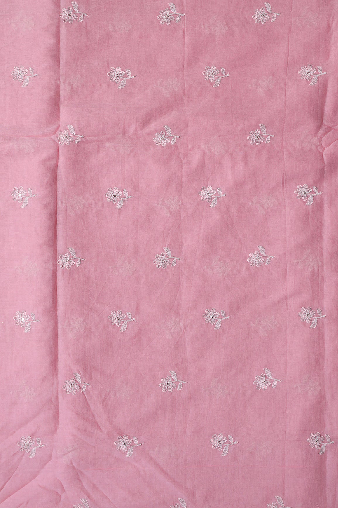 White Thread Small Floral Embroidery On Pink Pure Mul Cotton Fabric