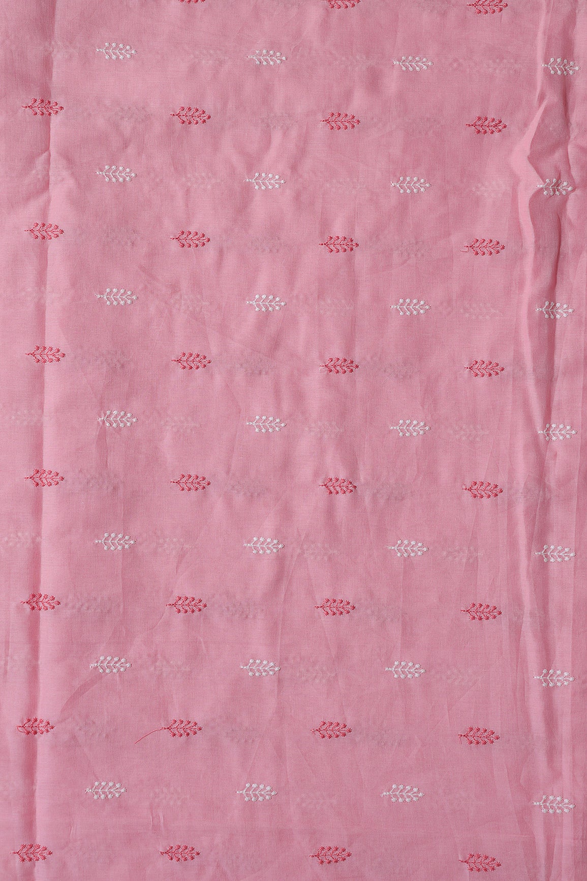Pink And White Thread Leafy Embroidery On Pink Pure Mul Cotton Fabric