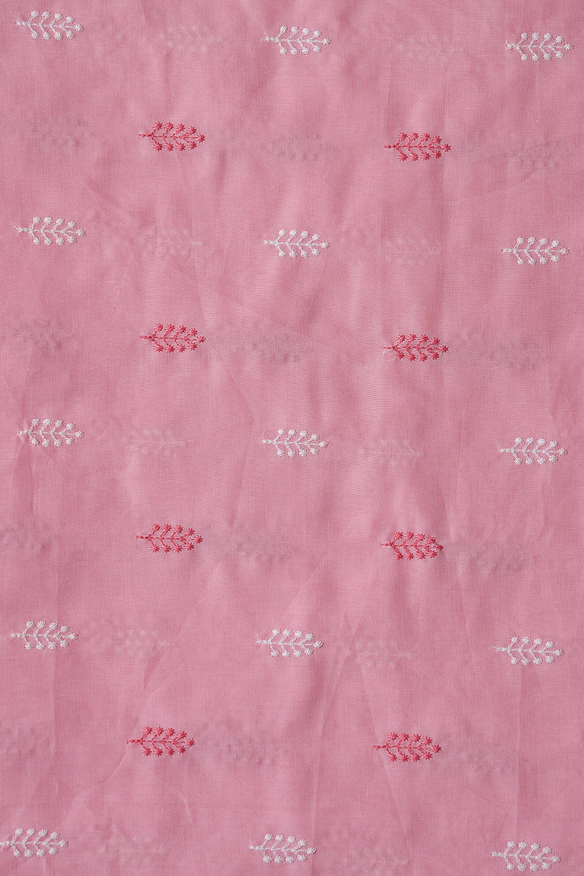 Pink And White Thread Leafy Embroidery On Pink Pure Mul Cotton Fabric