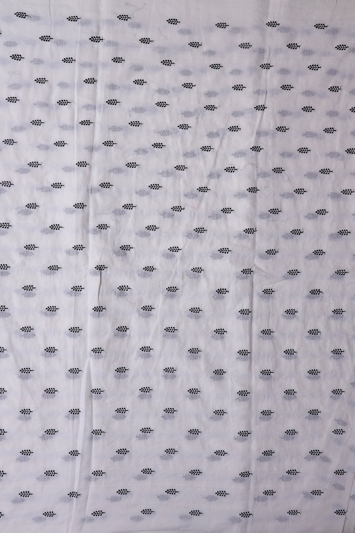 Black Thread Leafy Embroidery On White Pure Mul Cotton Fabric