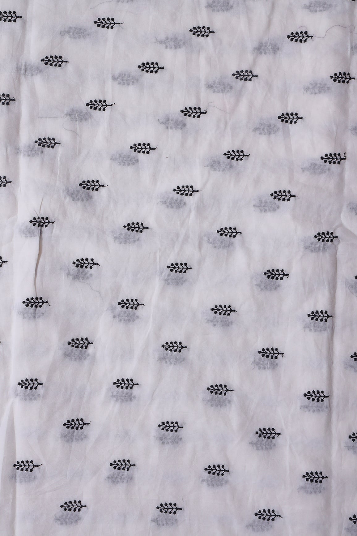 Black Thread Leafy Embroidery On White Pure Mul Cotton Fabric