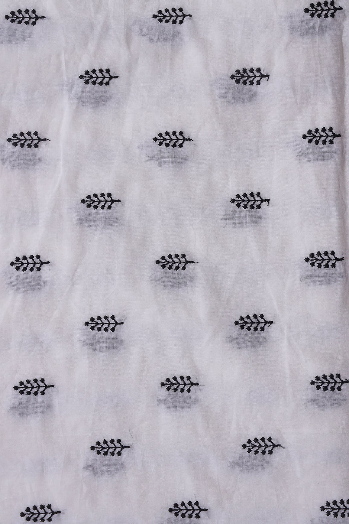 Black Thread Leafy Embroidery On White Pure Mul Cotton Fabric