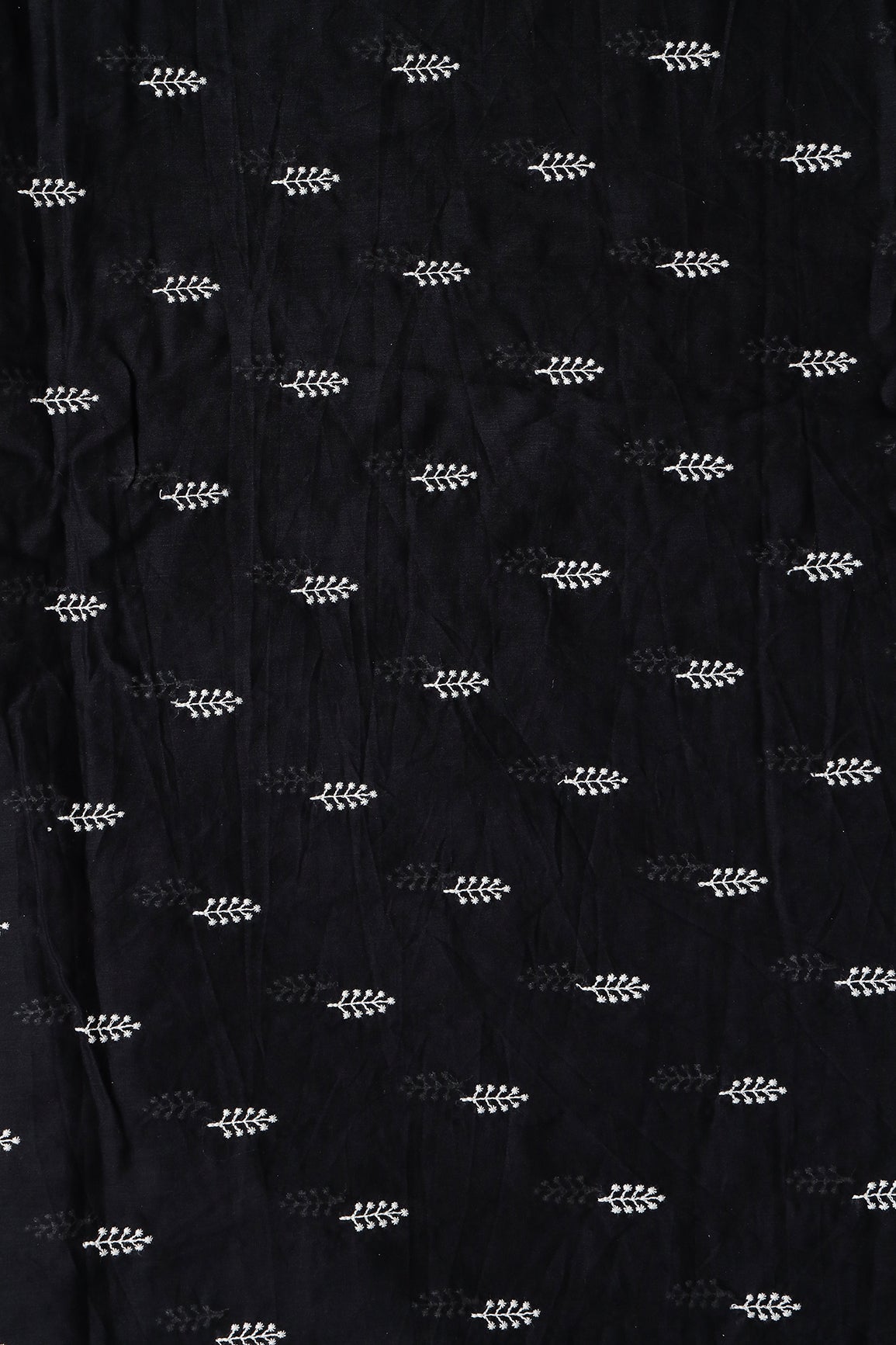White Thread Leafy Embroidery On Black Pure Mul Cotton Fabric