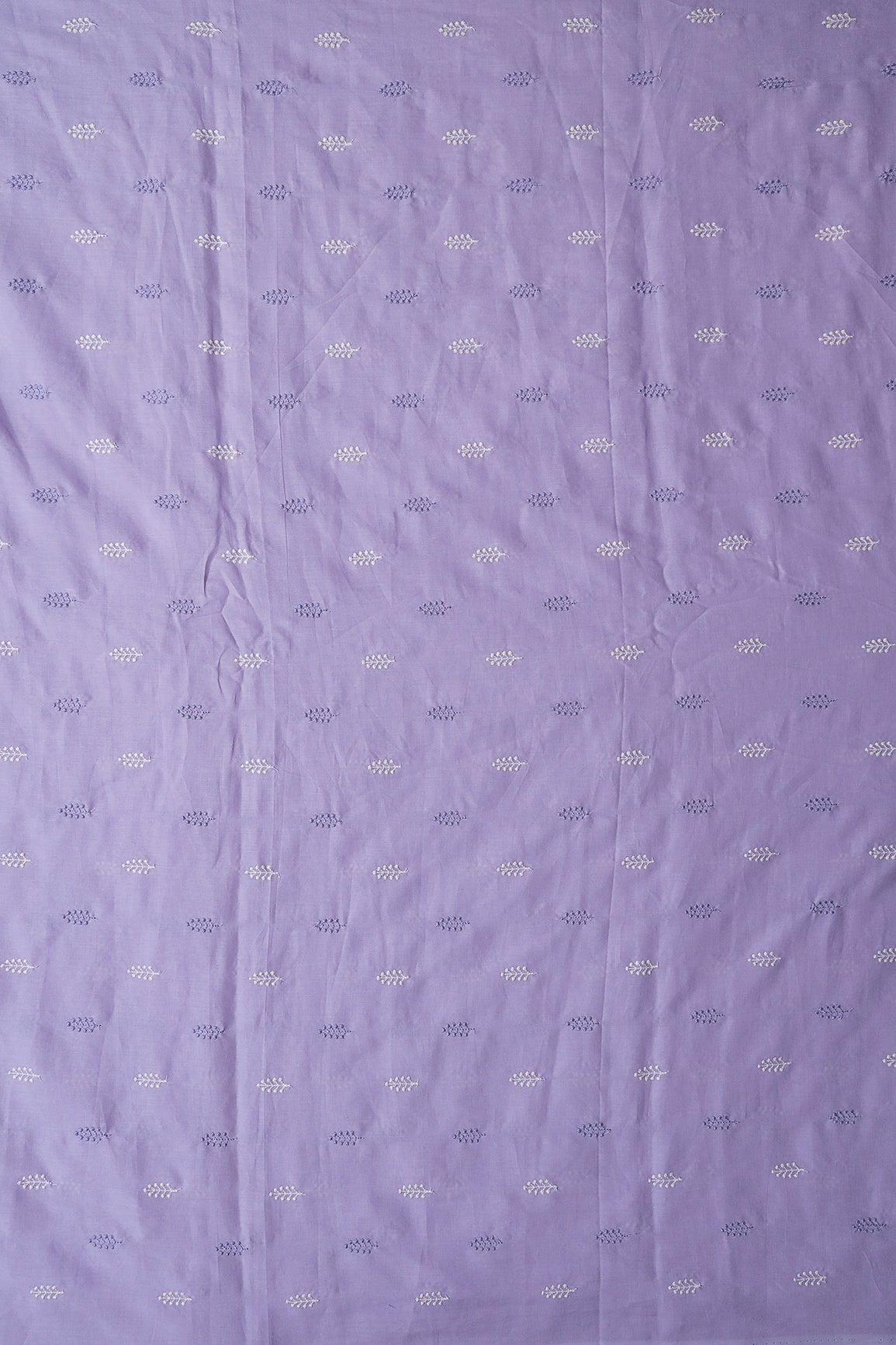 Lavender And White Thread Leafy Embroidery On Lavender Pure Mul Cotton Fabric