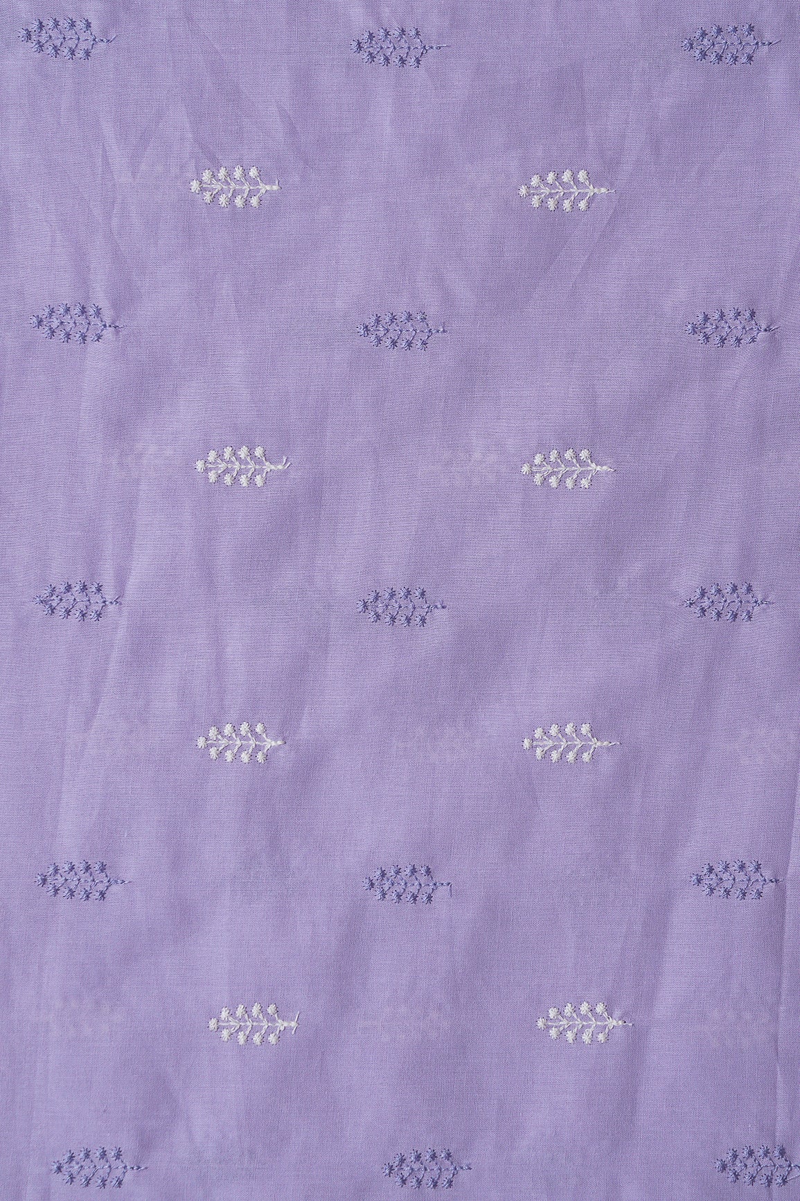 Lavender And White Thread Leafy Embroidery On Lavender Pure Mul Cotton Fabric