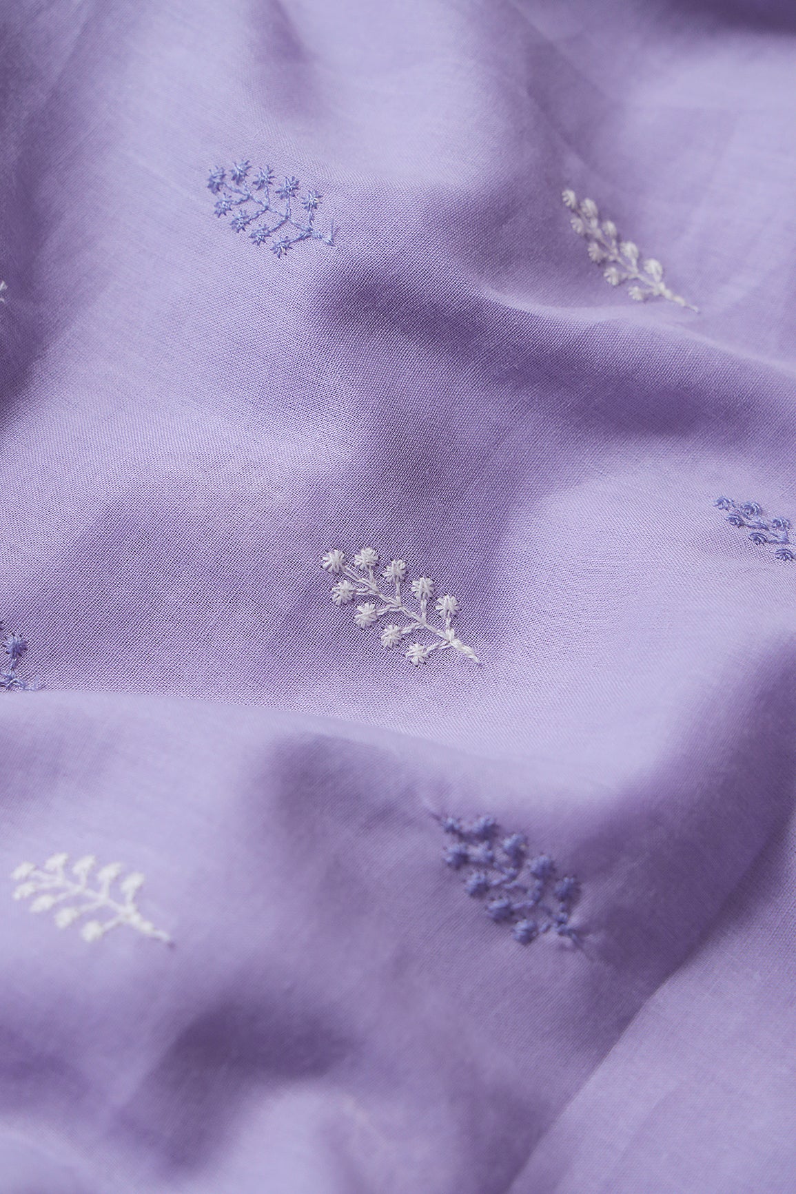 Lavender And White Thread Leafy Embroidery On Lavender Pure Mul Cotton Fabric