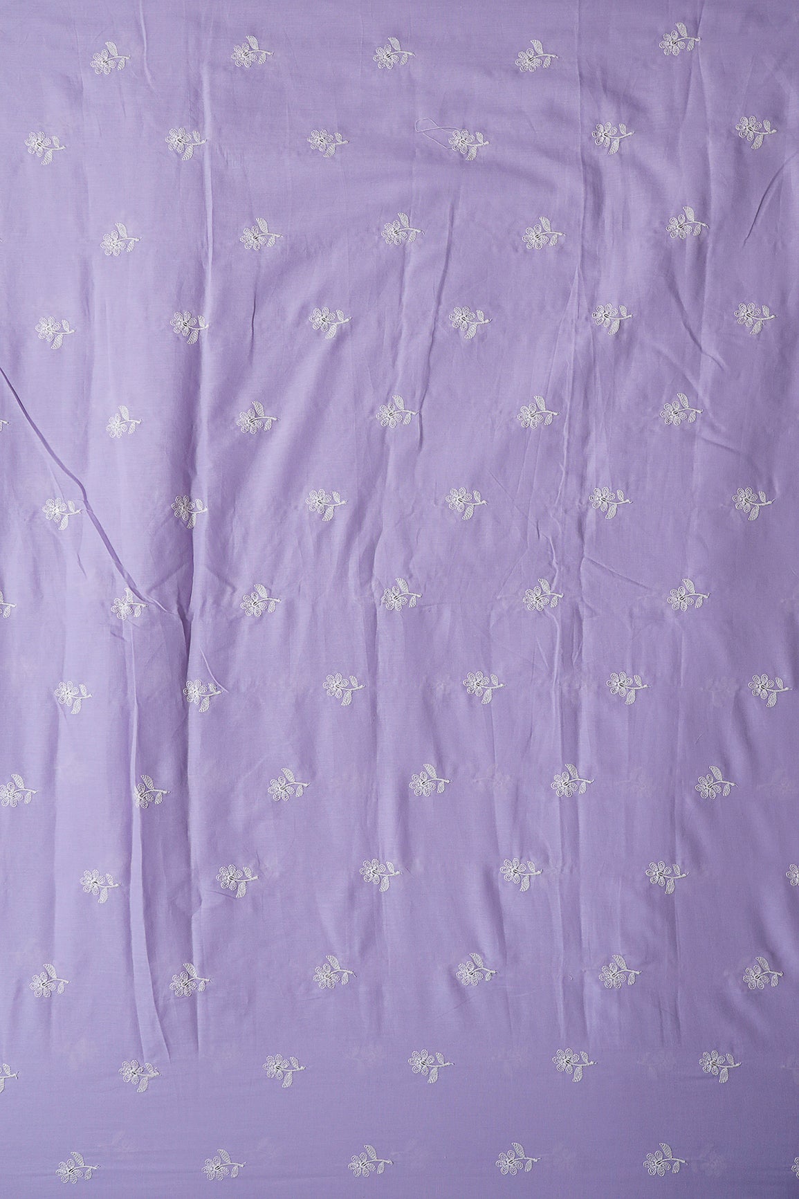 White Thread Small Floral Embroidery On Lavender Pure Mul Cotton Fabric