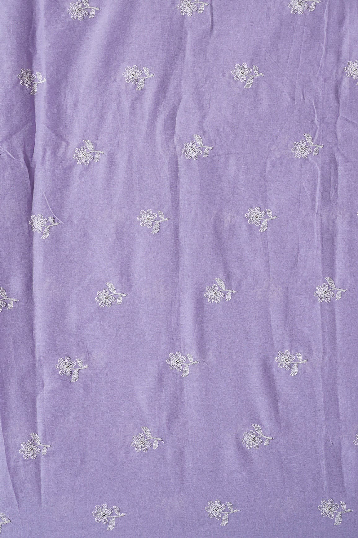 White Thread Small Floral Embroidery On Lavender Pure Mul Cotton Fabric