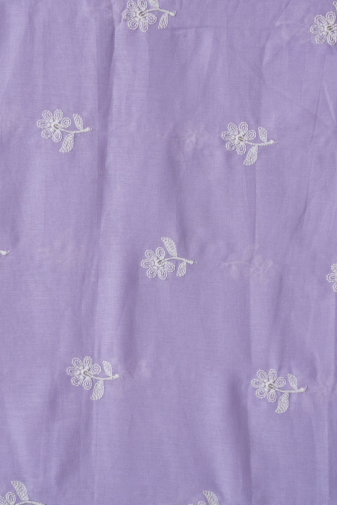 White Thread Small Floral Embroidery On Lavender Pure Mul Cotton Fabric