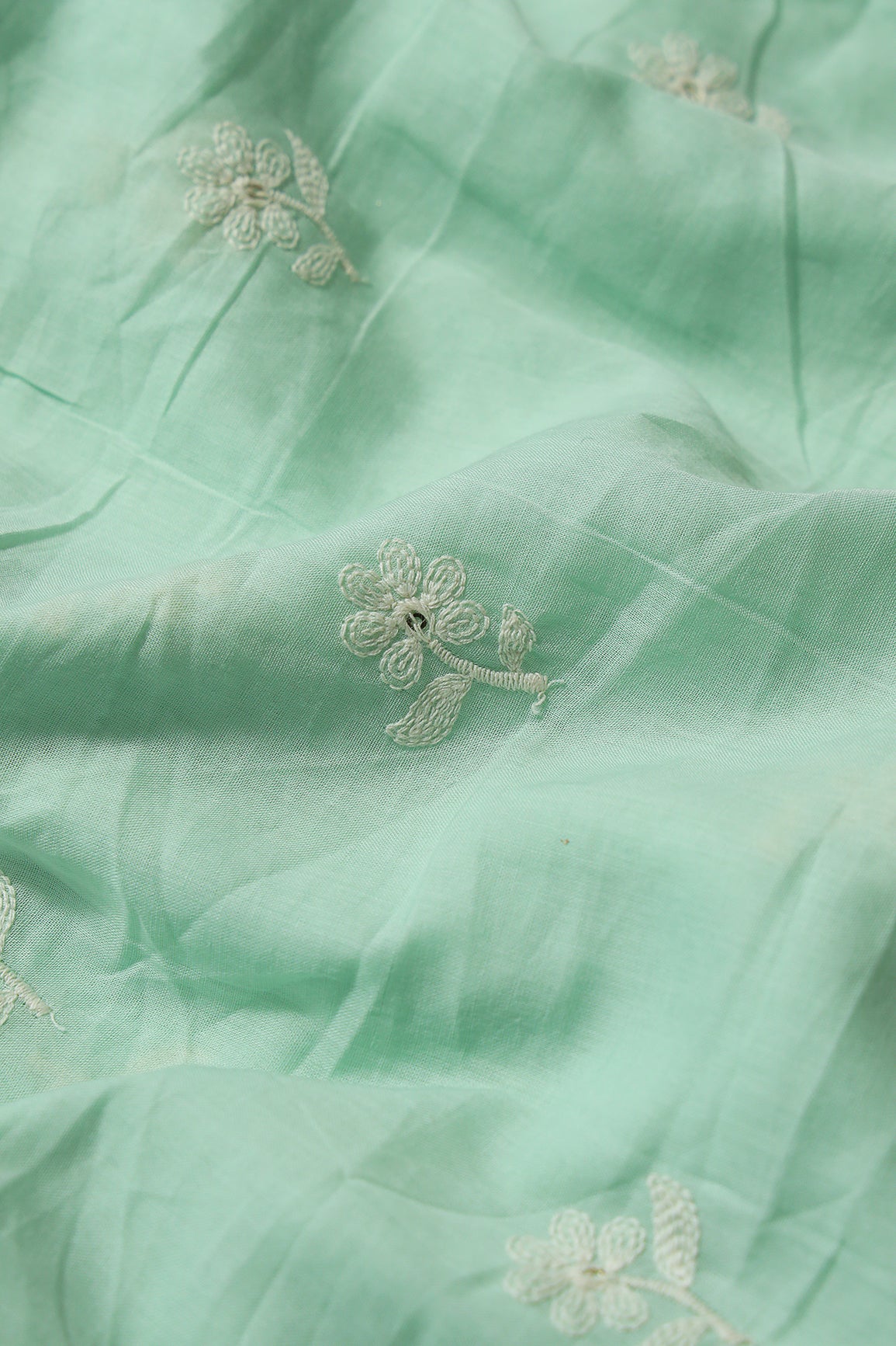 White Floral Embroidery On Sea Green Pure Mul Cotton Unstitched Suit Set (2 Piece)