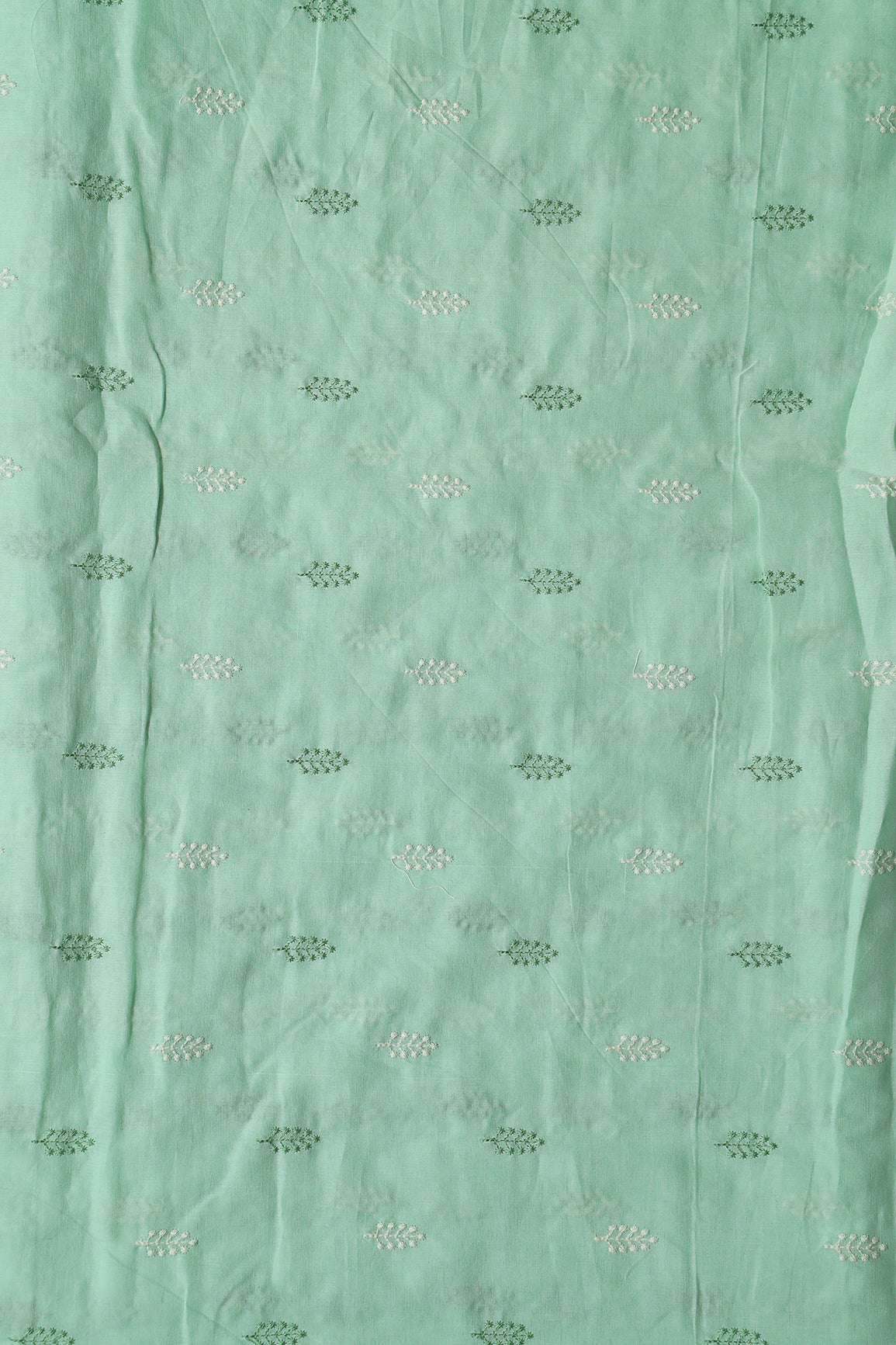 Olive And White Thread Leafy Embroidery On Sea Green Pure Mul Cotton Fabric