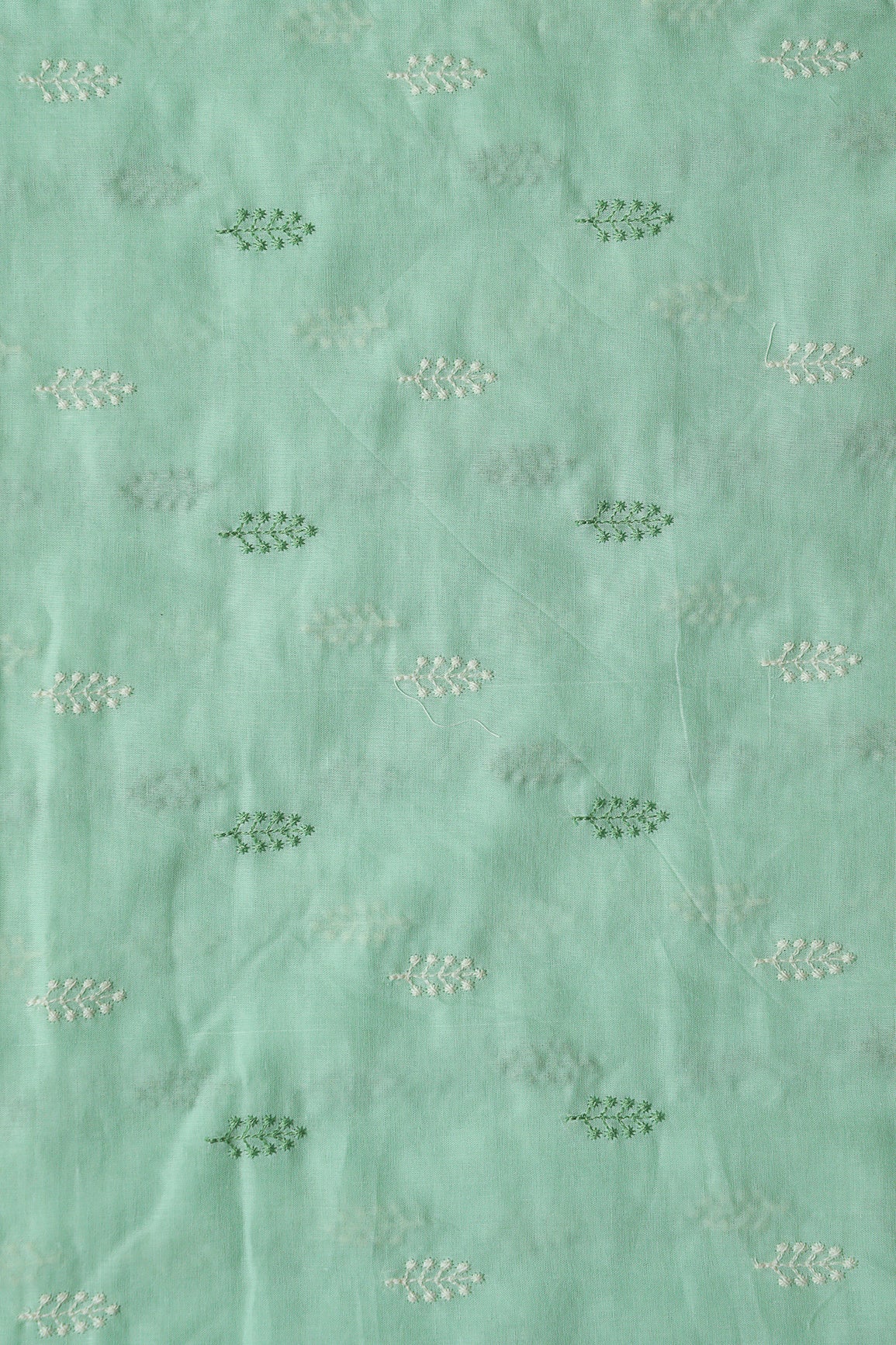 Olive And White Thread Leafy Embroidery On Sea Green Pure Mul Cotton Fabric