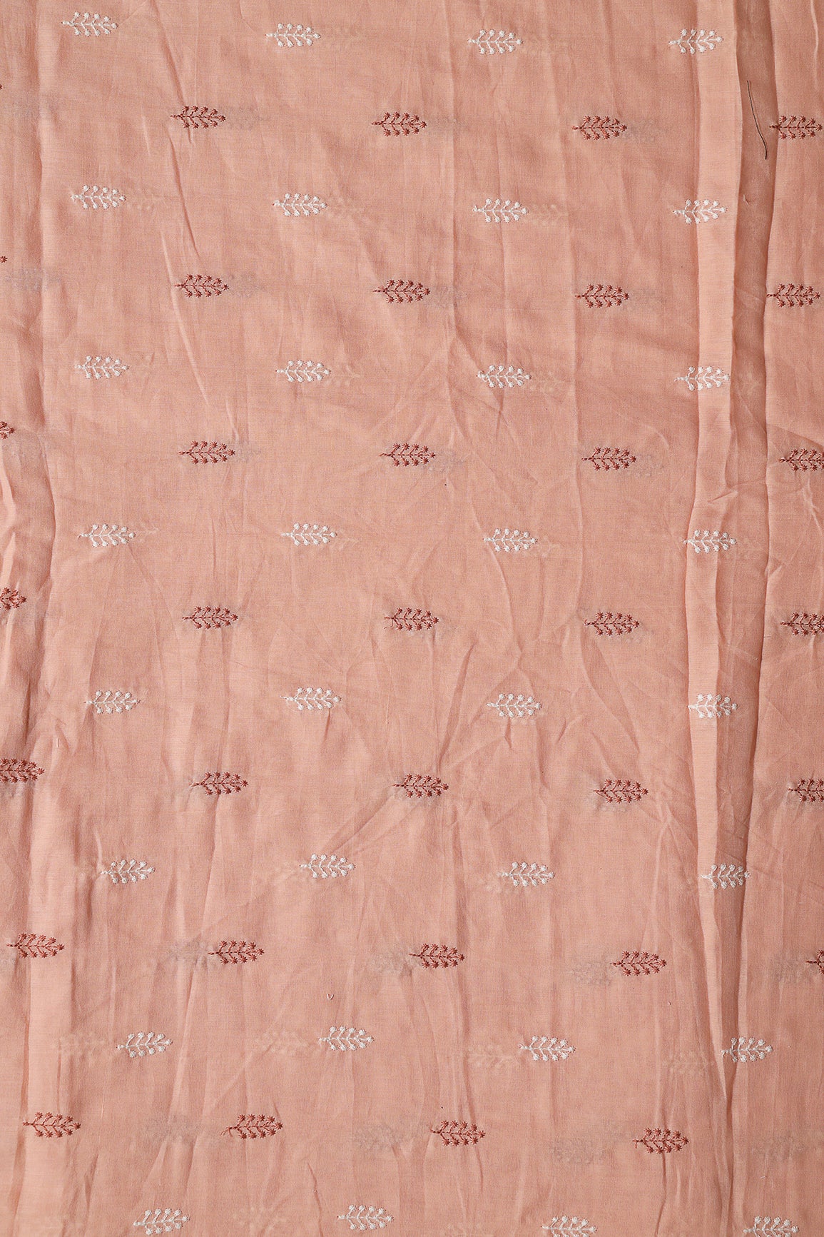 Peach And White Thread Leafy Embroidery On Peach Pure Mul Cotton Fabric