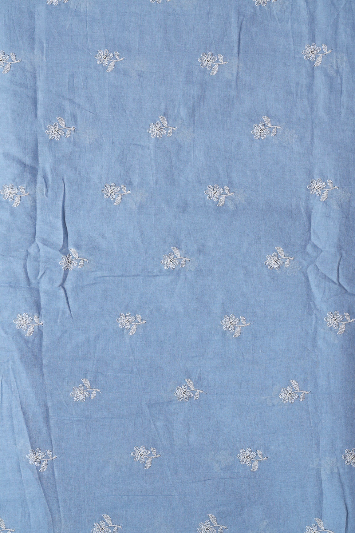 White Thread Small Floral Embroidery On Pastel Blue Pure Mul Cotton Fabric