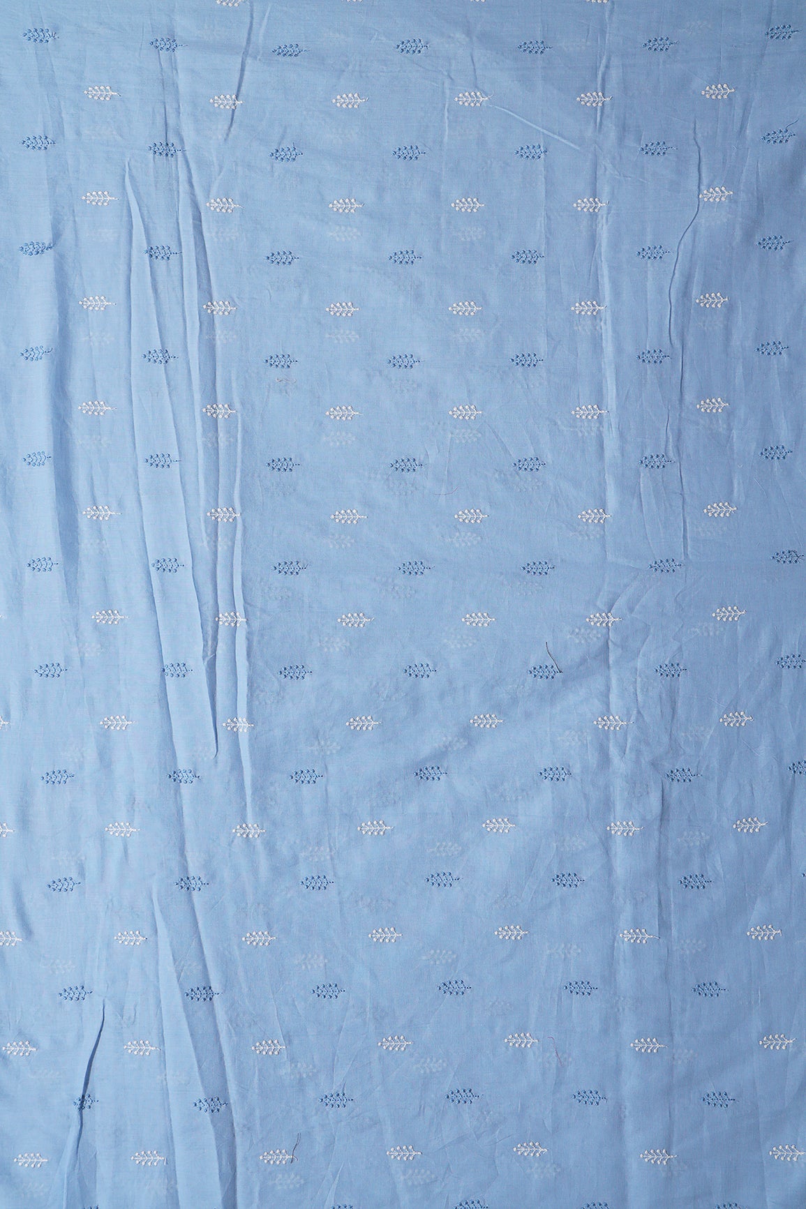 Blue And White Thread Leafy Embroidery On Pastel Blue Pure Mul Cotton Fabric