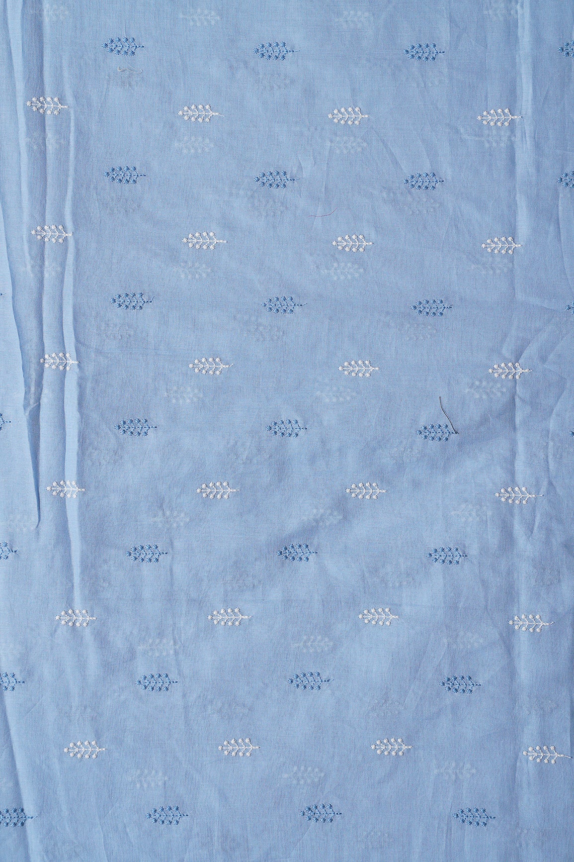 Blue And White Thread Leafy Embroidery On Pastel Blue Pure Mul Cotton Fabric