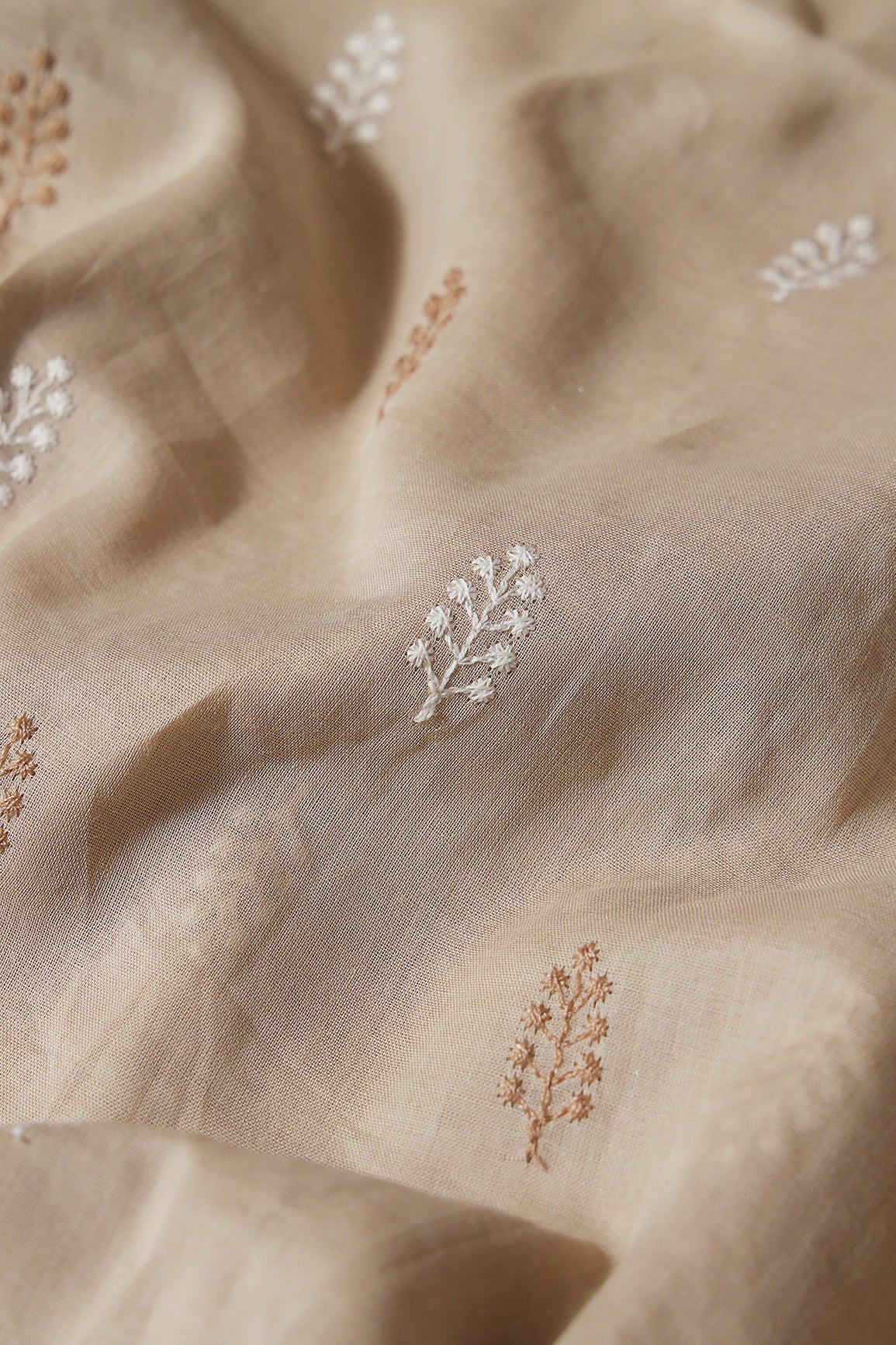 Beige And White Thread Leafy Embroidery On Beige Pure Mul Cotton Fabric