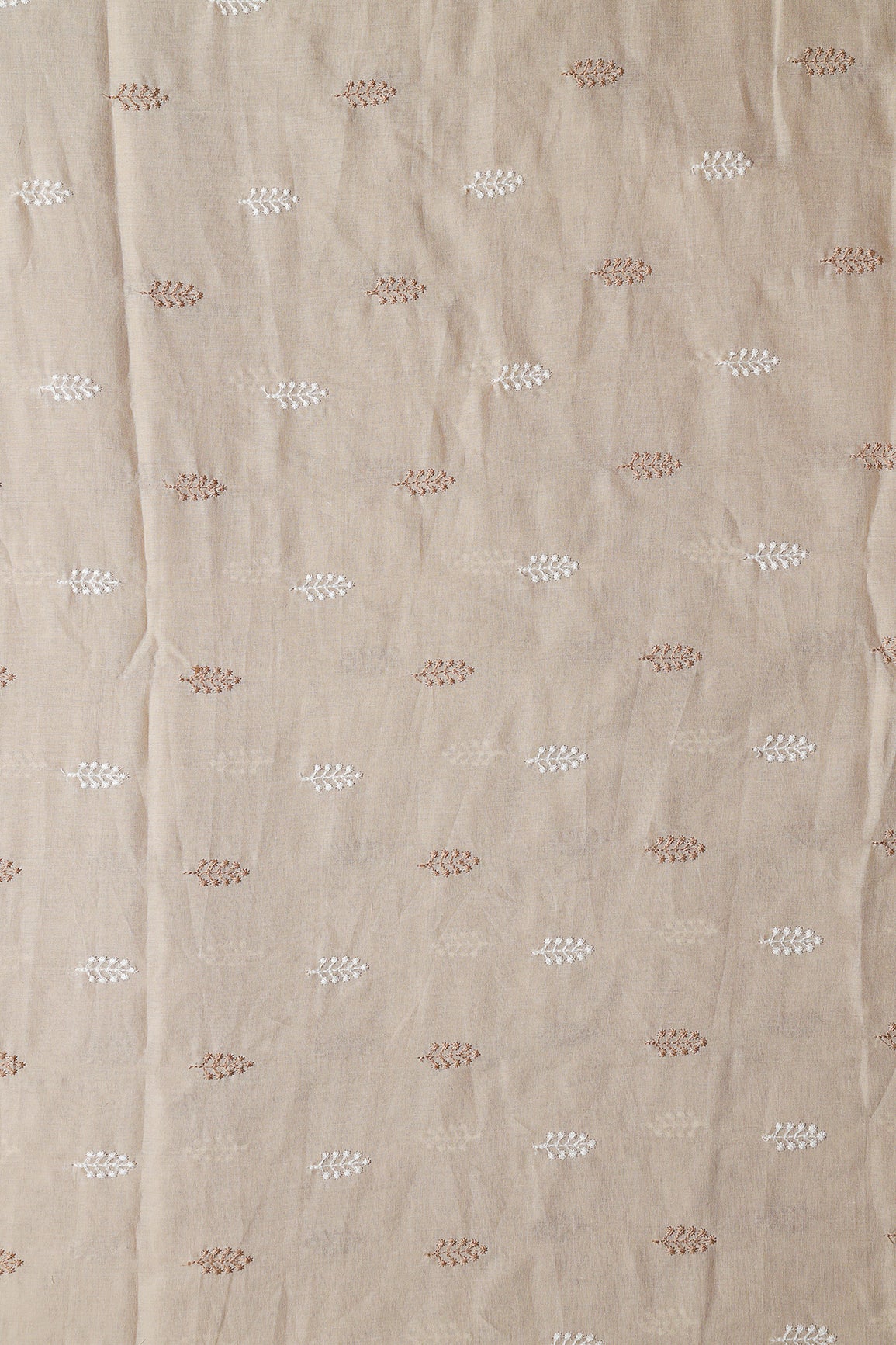 Beige And White Thread Leafy Embroidery On Beige Pure Mul Cotton Fabric