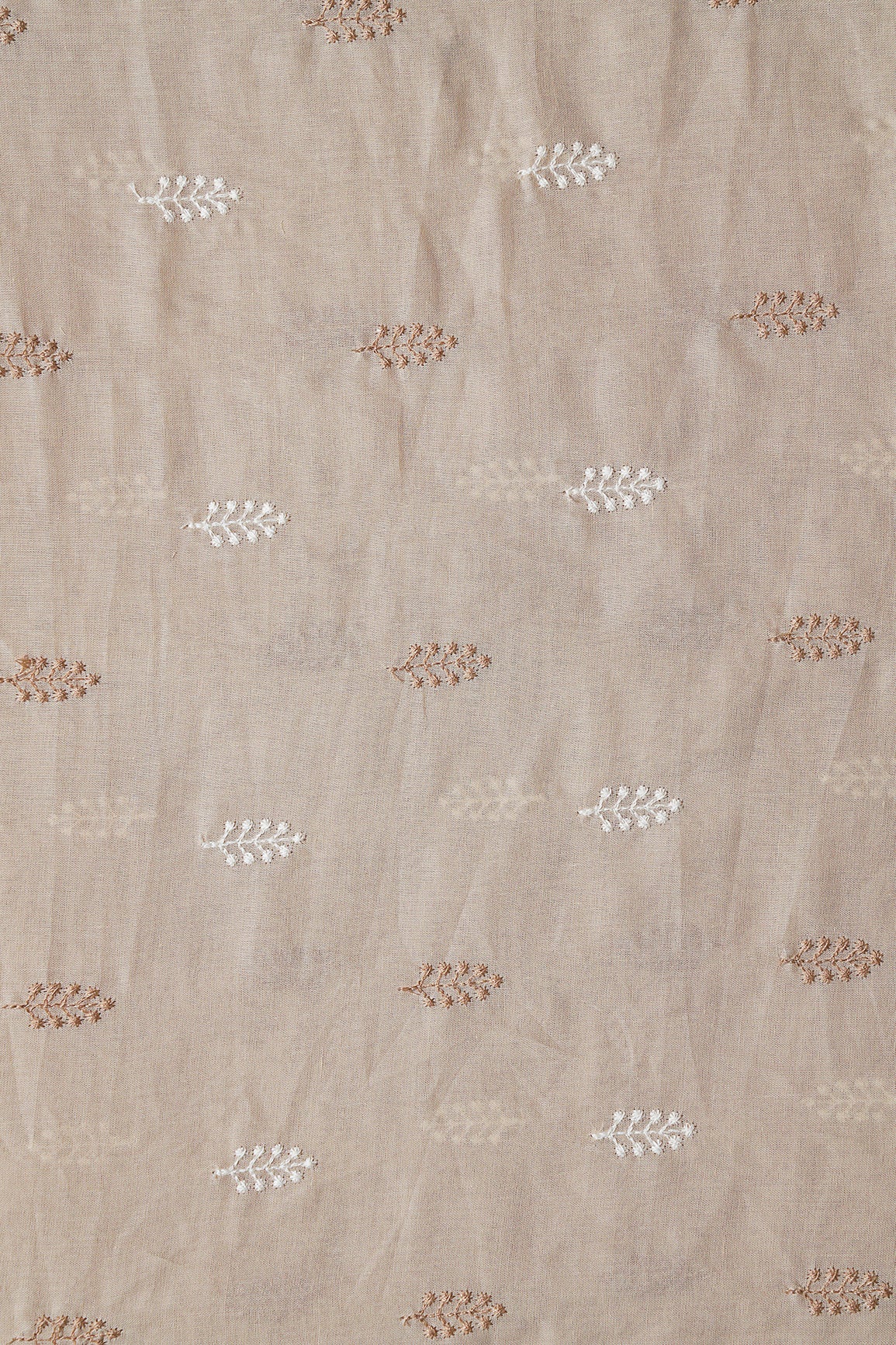 Beige And White Thread Leafy Embroidery On Beige Pure Mul Cotton Fabric