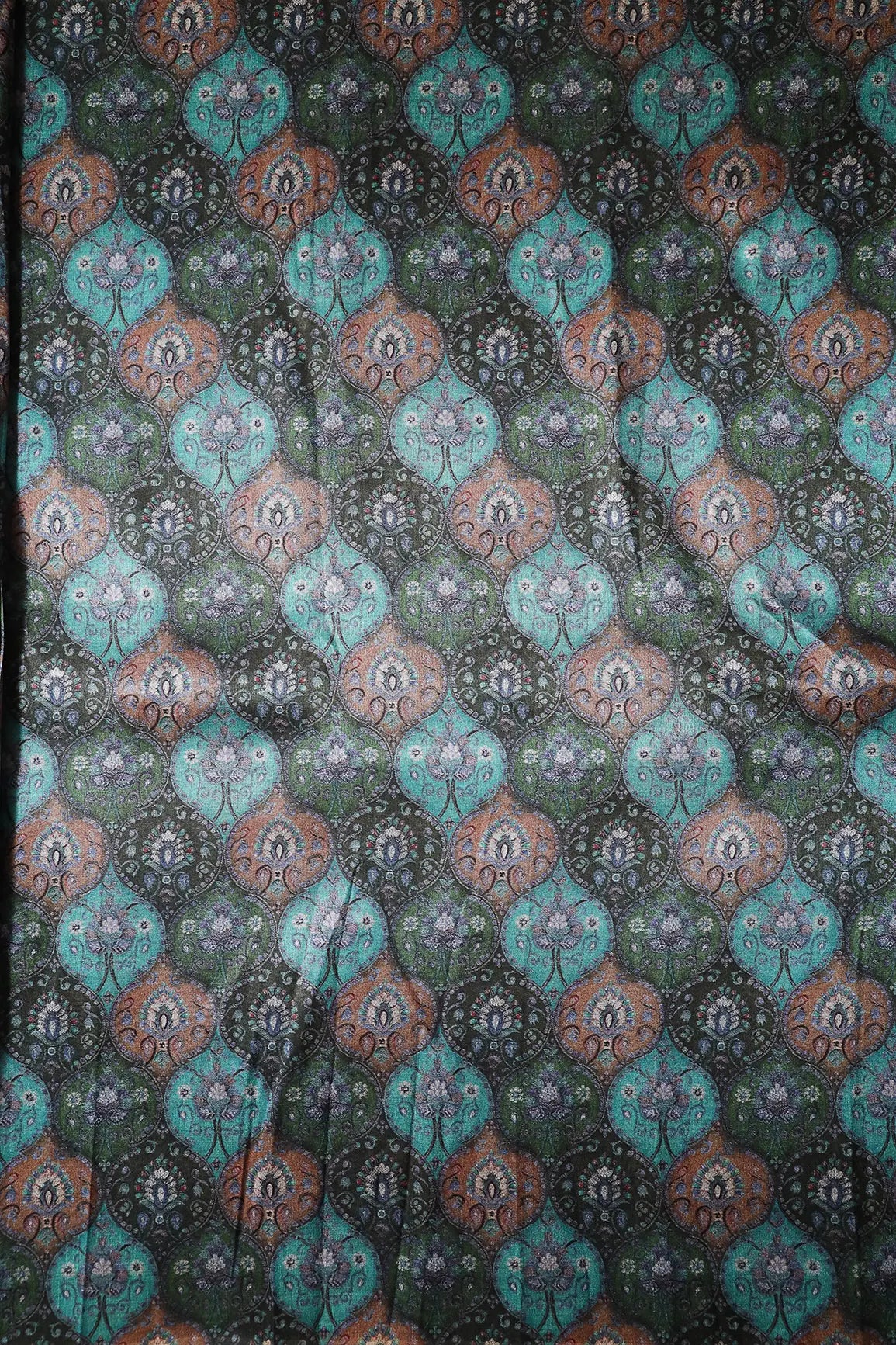 Teal And Green Trellis Pattern Digital Print On Mulberry Silk Fabric