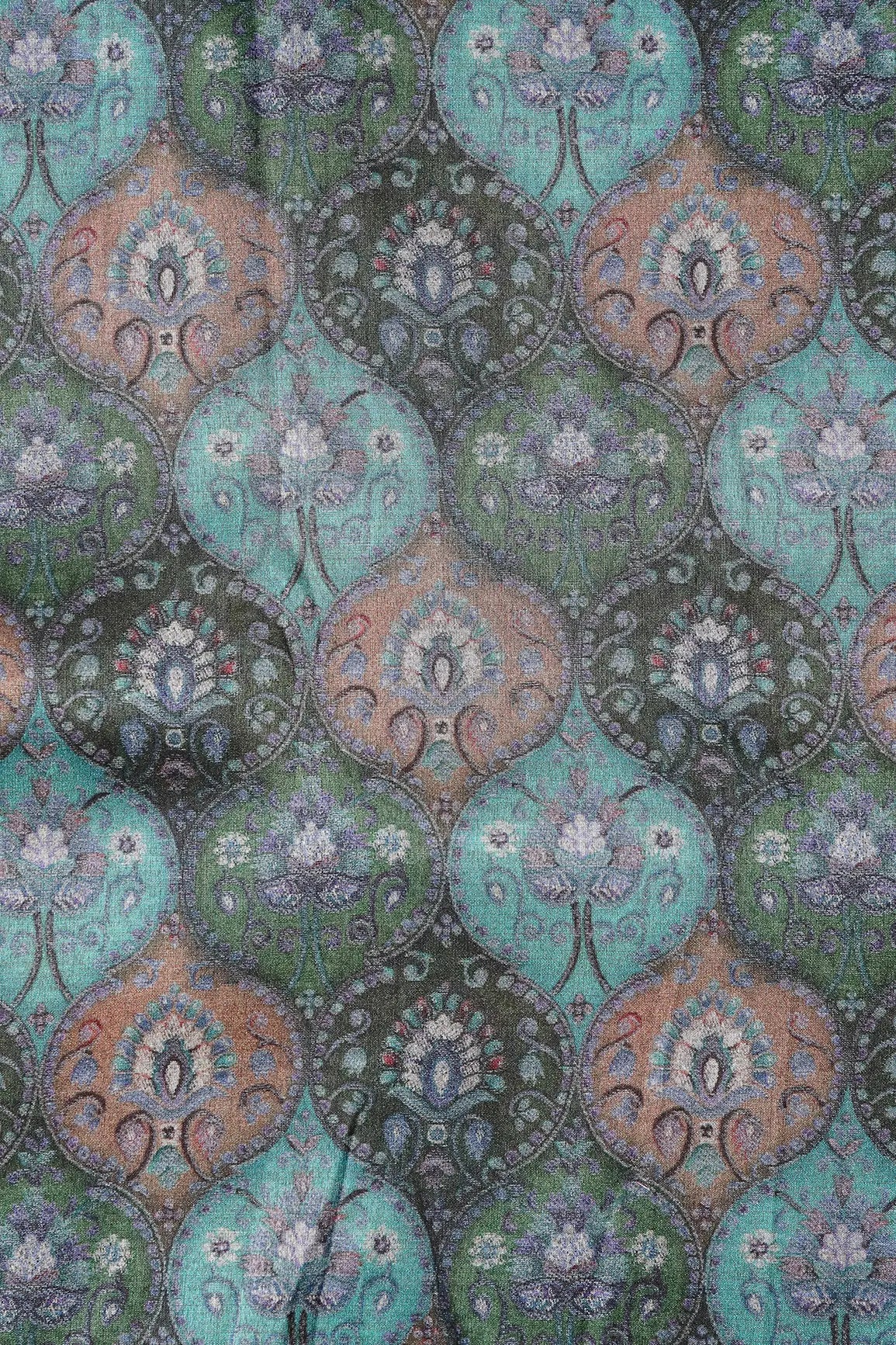 Teal And Green Trellis Pattern Digital Print On Mulberry Silk Fabric