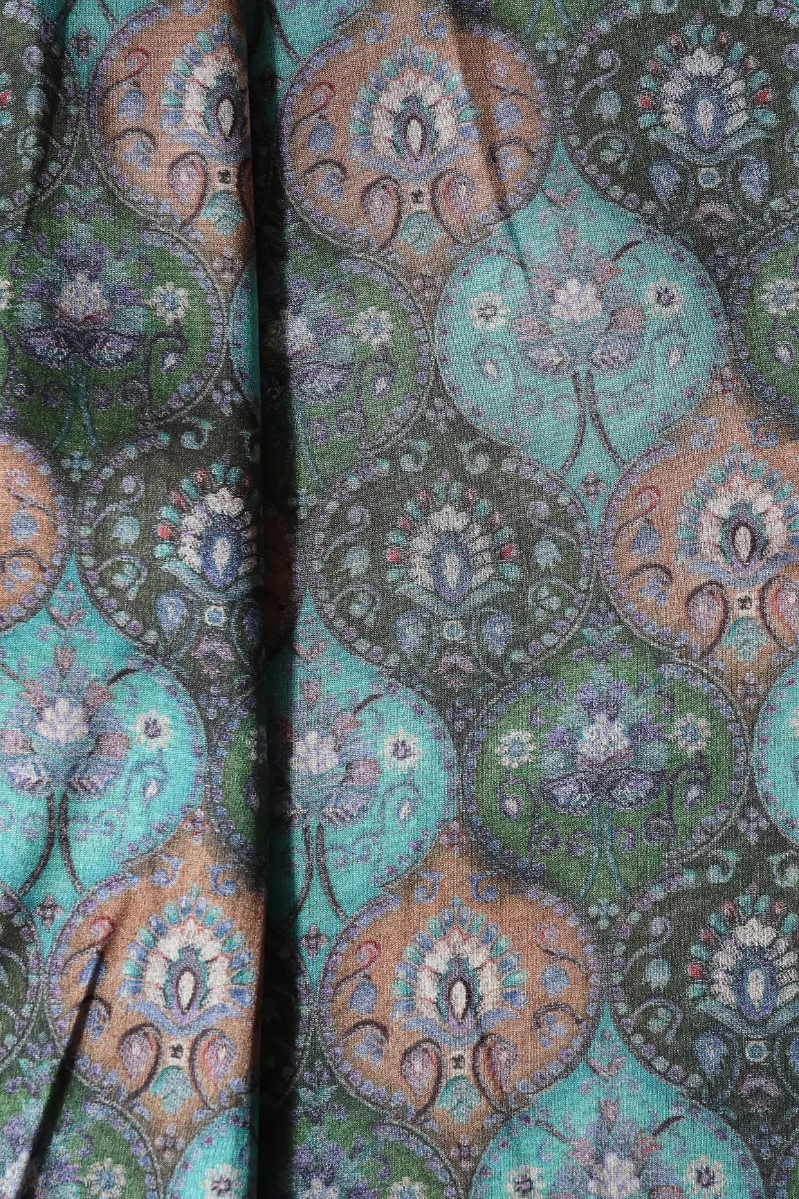 Teal And Green Trellis Pattern Digital Print On Mulberry Silk Fabric