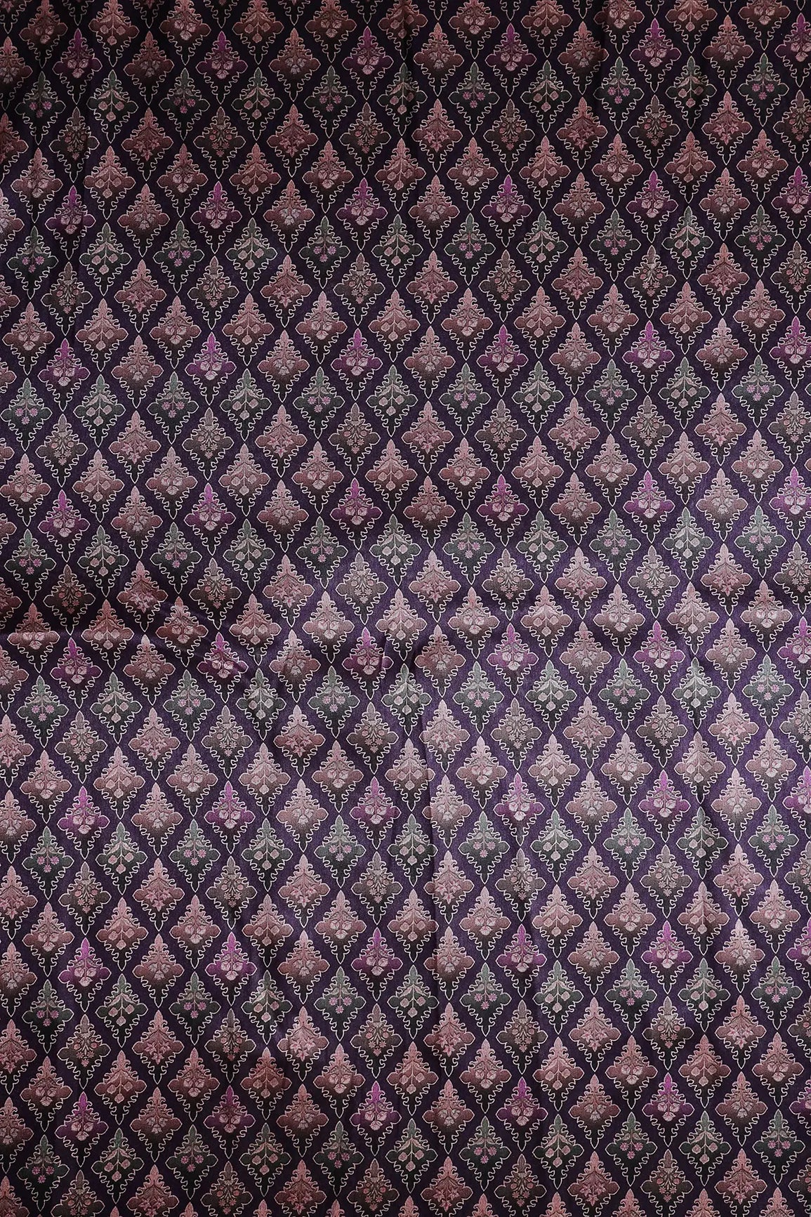 Multi Color Traditional Pattern Digital Print On Purple Mulberry Silk Fabric