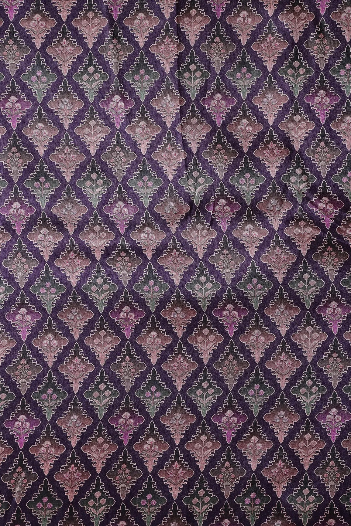 Multi Color Traditional Pattern Digital Print On Purple Mulberry Silk Fabric