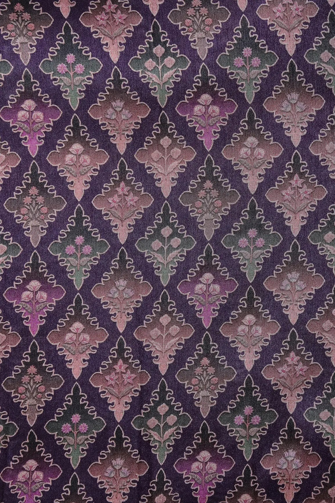 Multi Color Traditional Pattern Digital Print On Purple Mulberry Silk Fabric