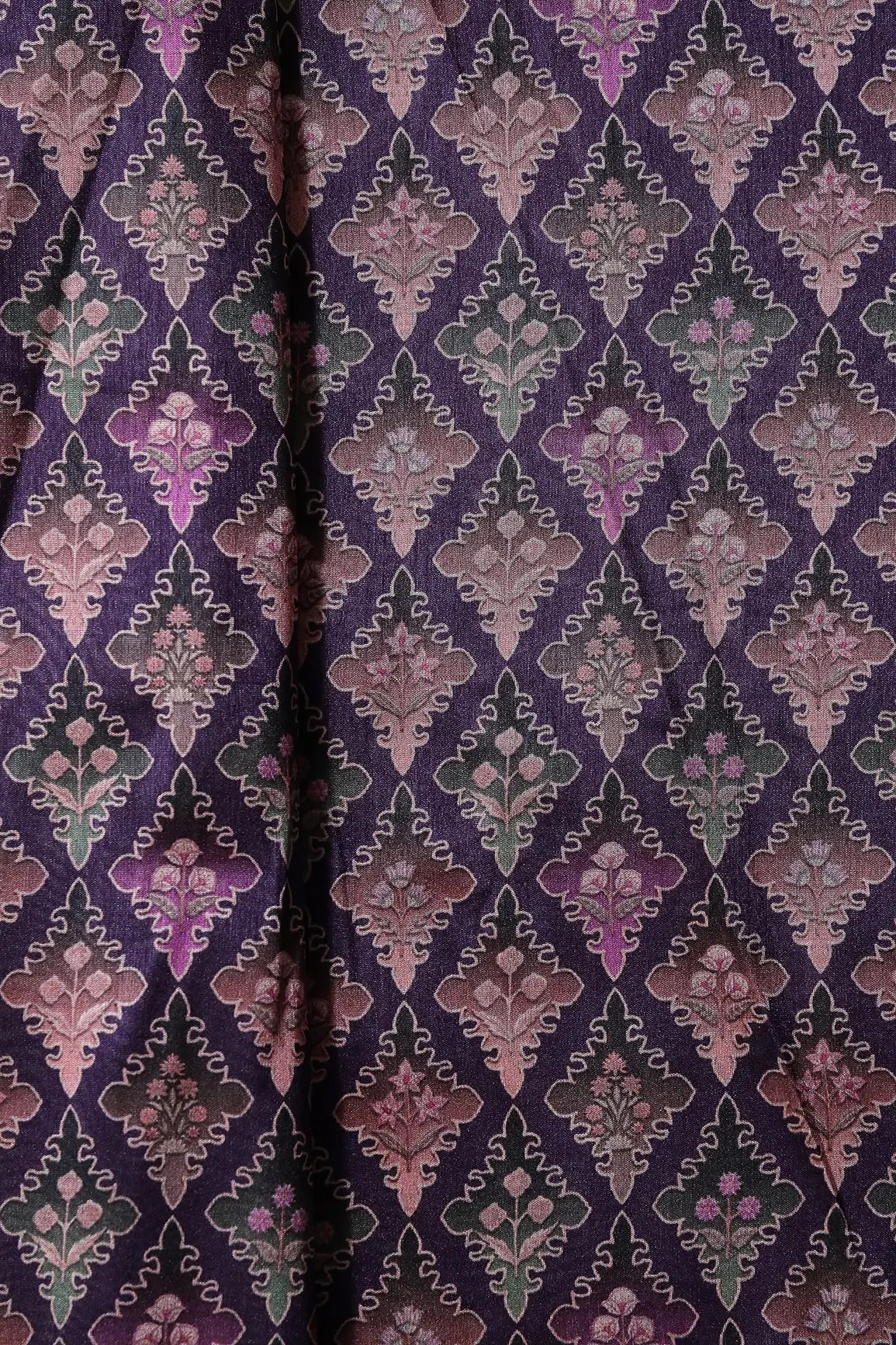 Multi Color Traditional Pattern Digital Print On Purple Mulberry Silk Fabric