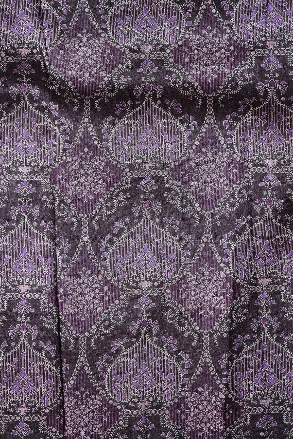 Black And Purple Traditional Pattern Digital Print On Mulberry Silk Fabric