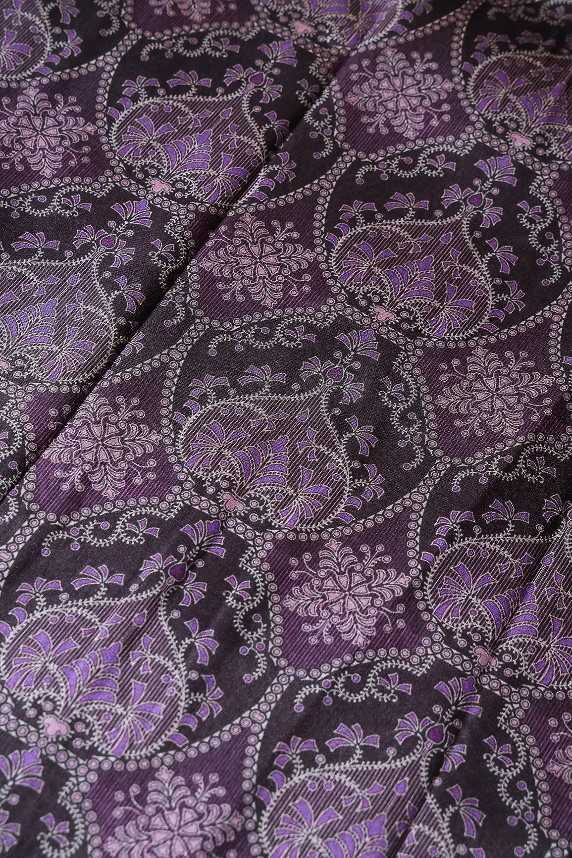 Black And Purple Traditional Pattern Digital Print On Mulberry Silk Fabric