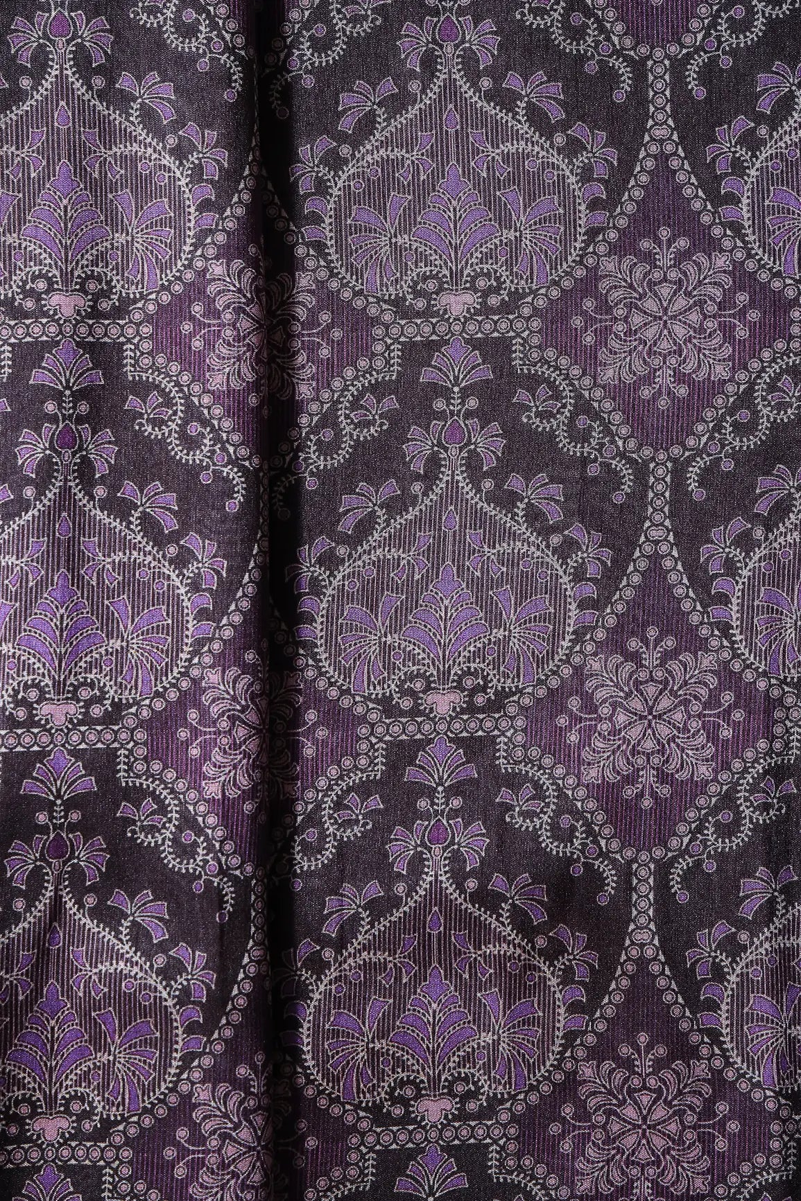 Black And Purple Traditional Pattern Digital Print On Mulberry Silk Fabric