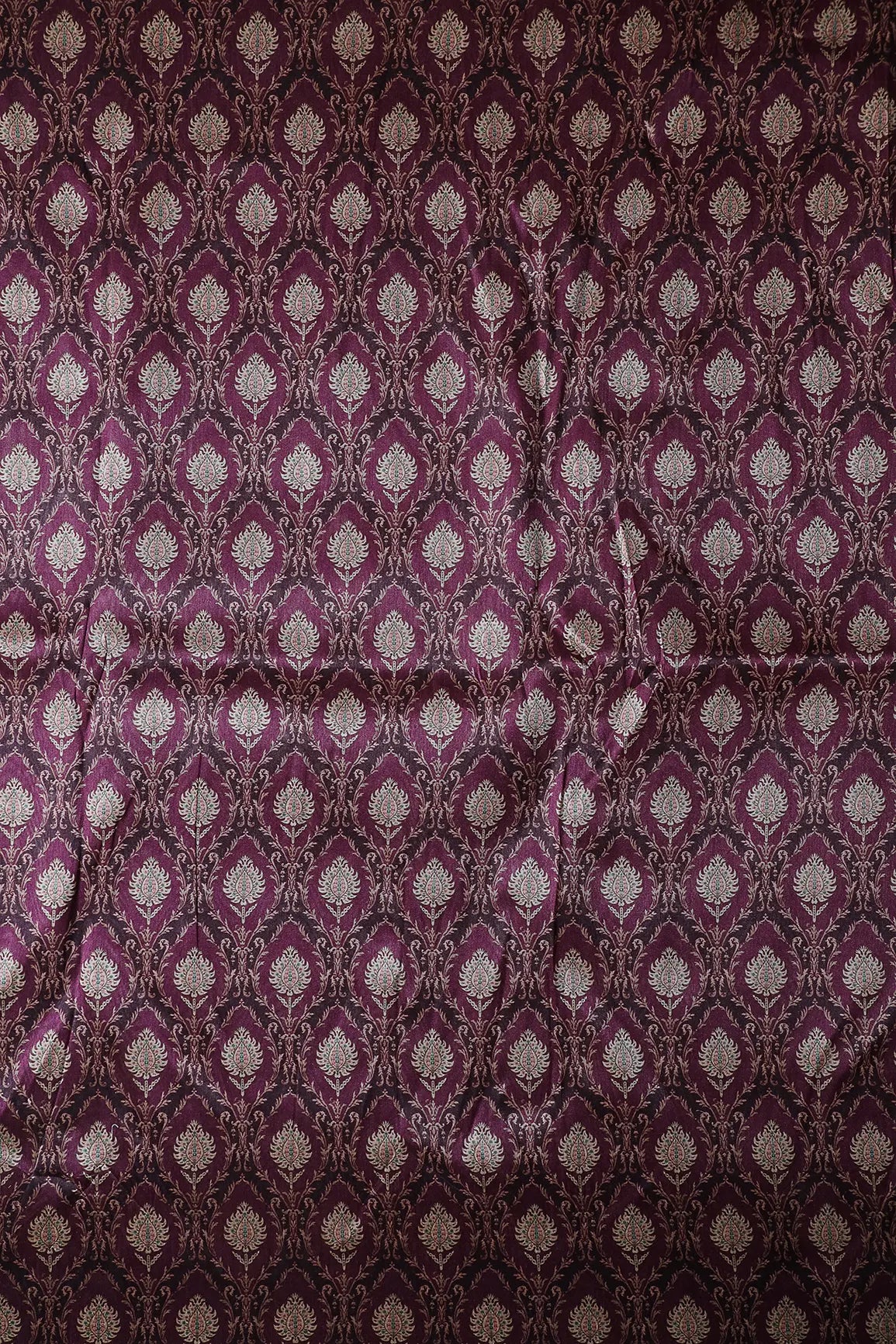 Cream Trellis Pattern Digital Print On Wine Mulberry Silk Fabric