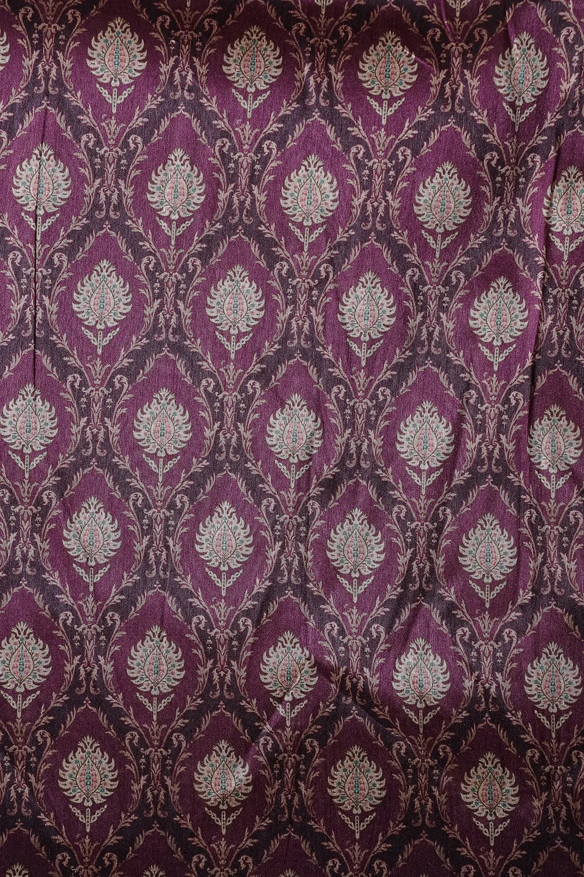 Cream Trellis Pattern Digital Print On Wine Mulberry Silk Fabric