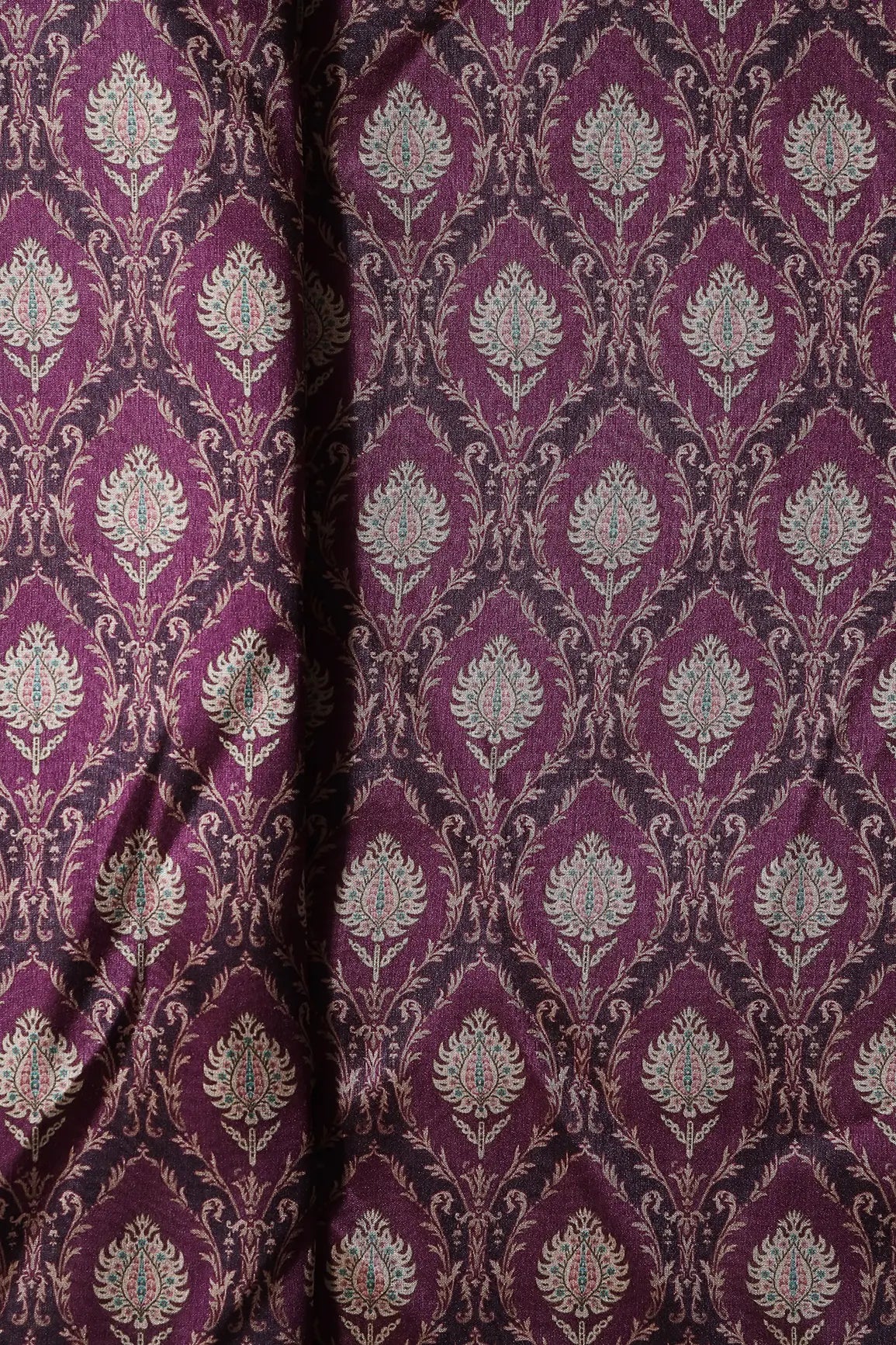 Cream Trellis Pattern Digital Print On Wine Mulberry Silk Fabric