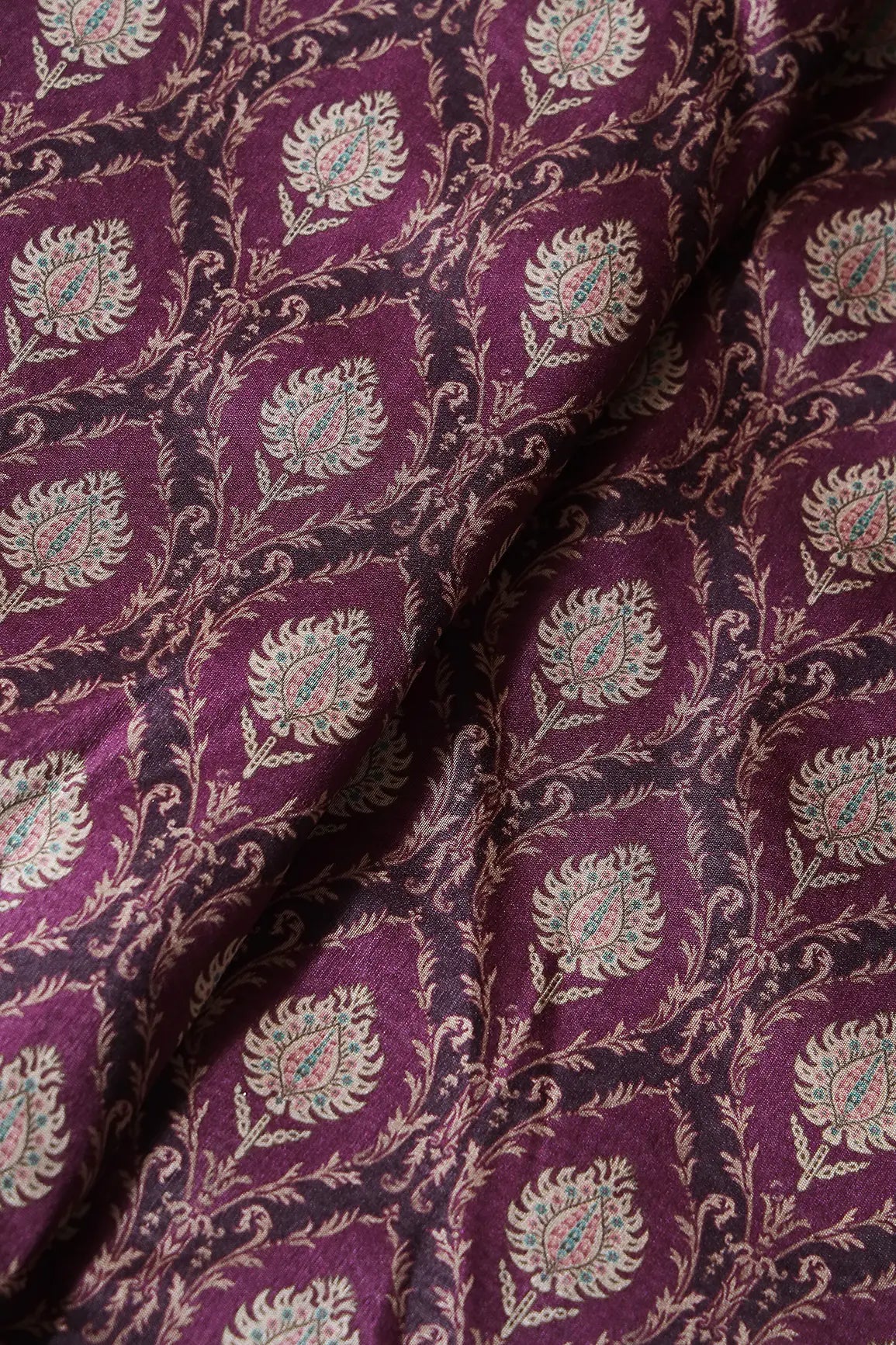 Cream Trellis Pattern Digital Print On Wine Mulberry Silk Fabric