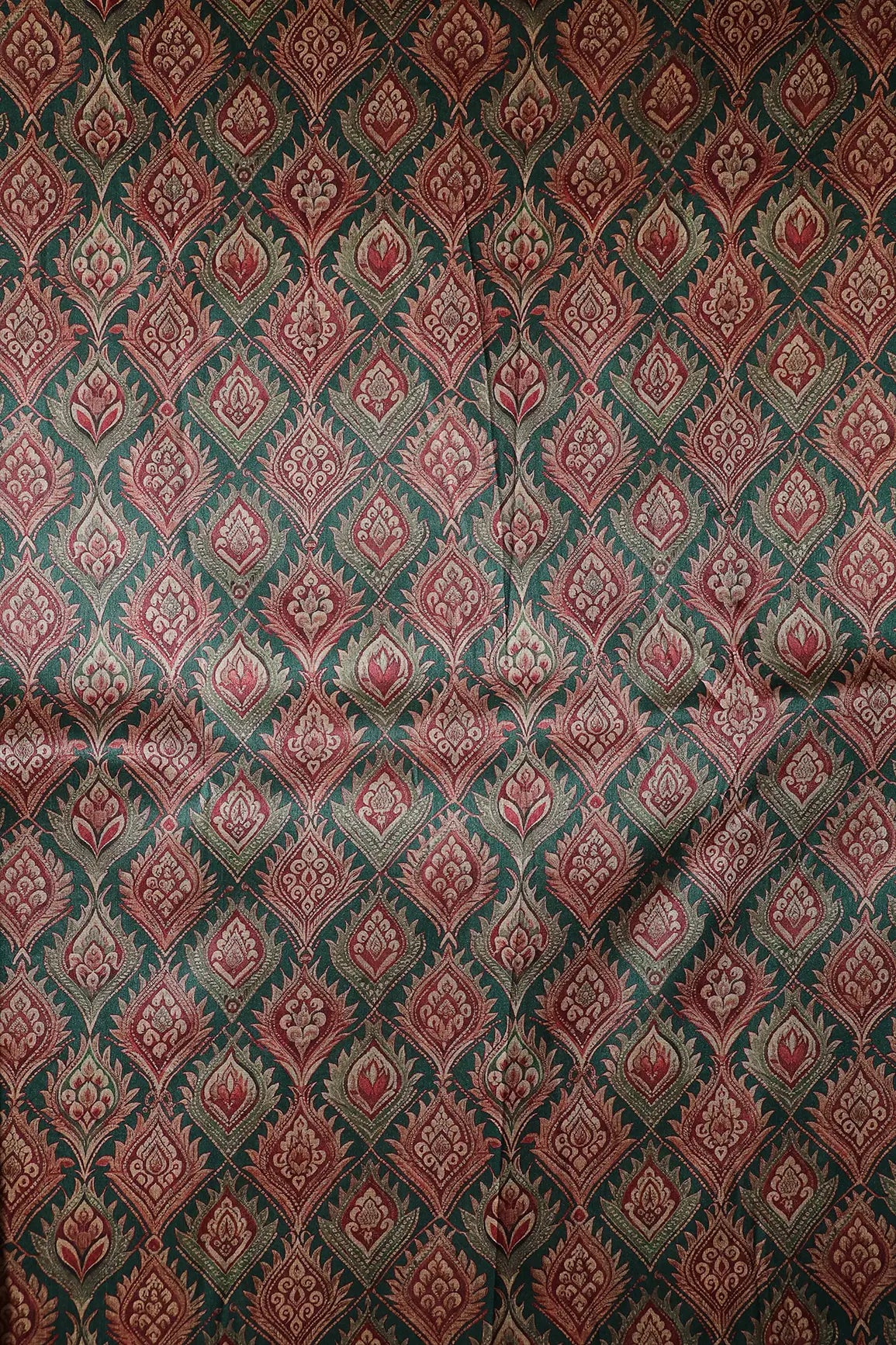 Cream Trellis Pattern Digital Print On Green Mulberry Silk Fabric