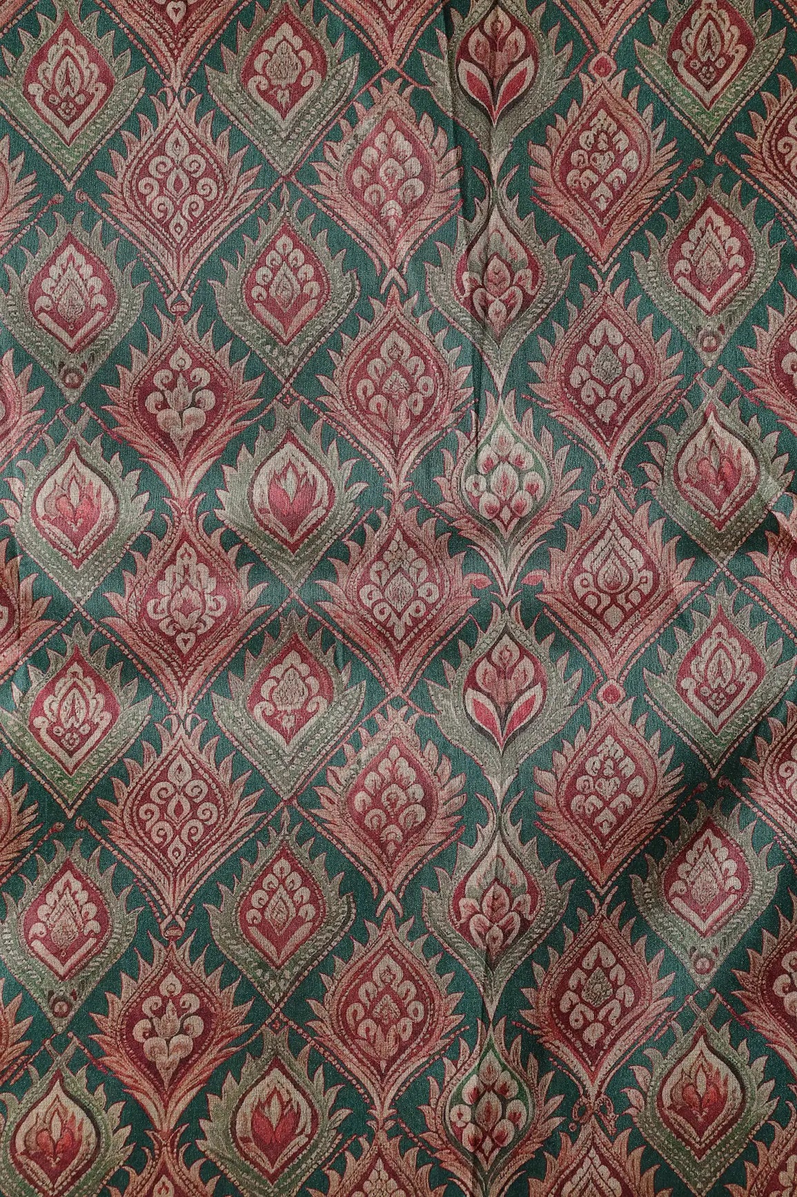 Cream Trellis Pattern Digital Print On Green Mulberry Silk Fabric
