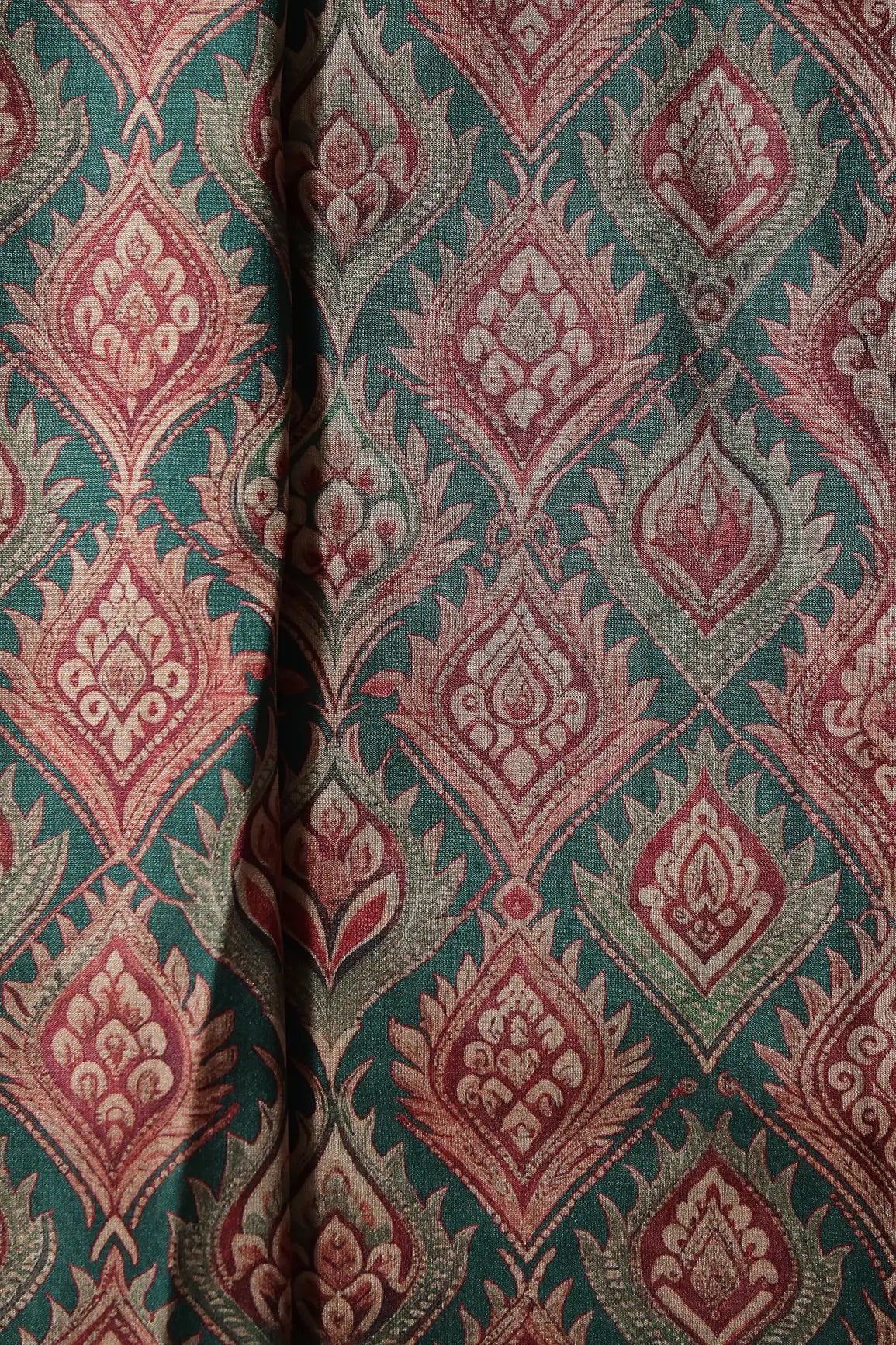 Cream Trellis Pattern Digital Print On Green Mulberry Silk Fabric