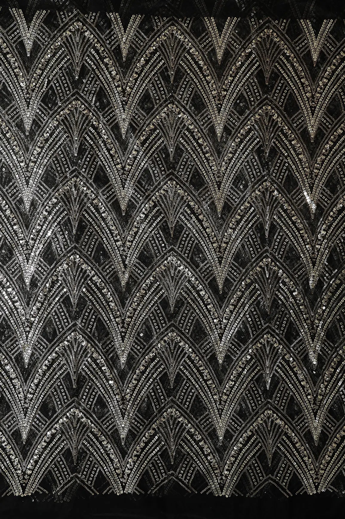 Black Thread With Gold Sequins Geometric Embroidery Work On Black Soft Net Fabric