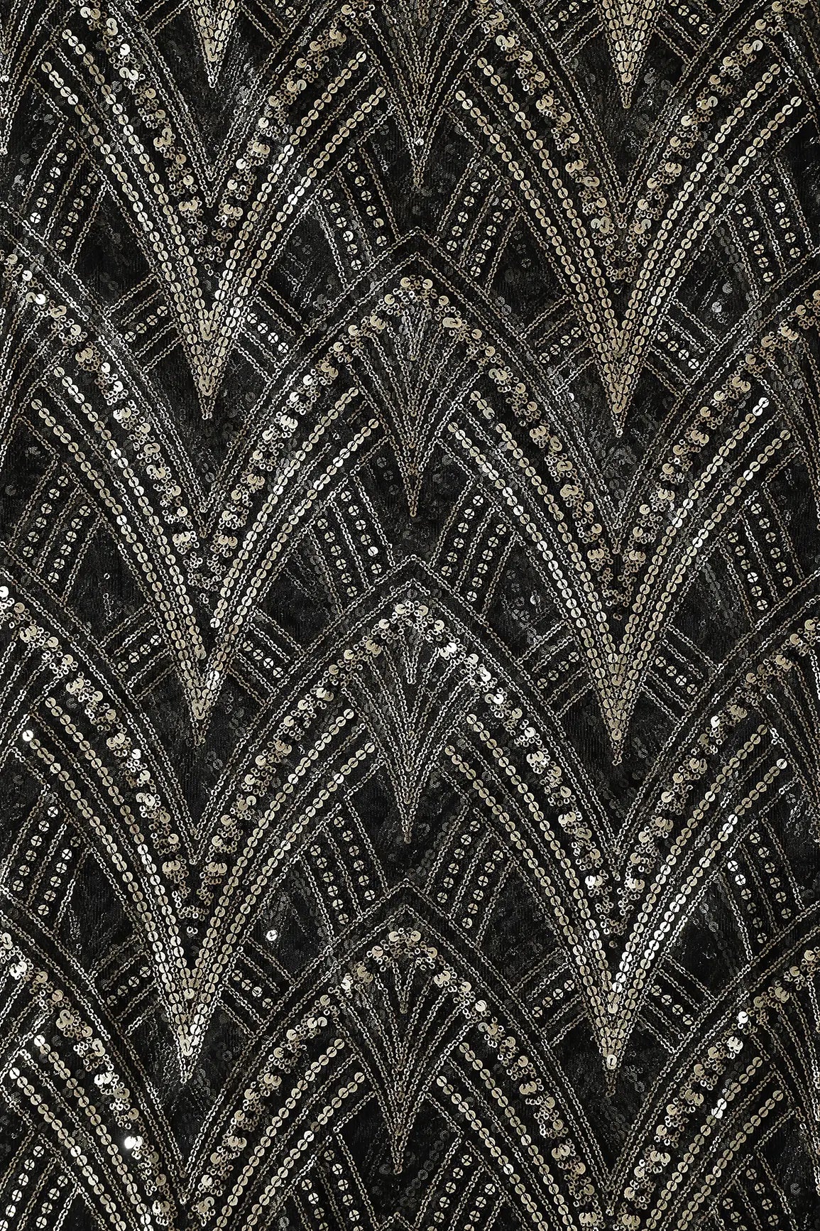 Black Thread With Gold Sequins Geometric Embroidery Work On Black Soft Net Fabric