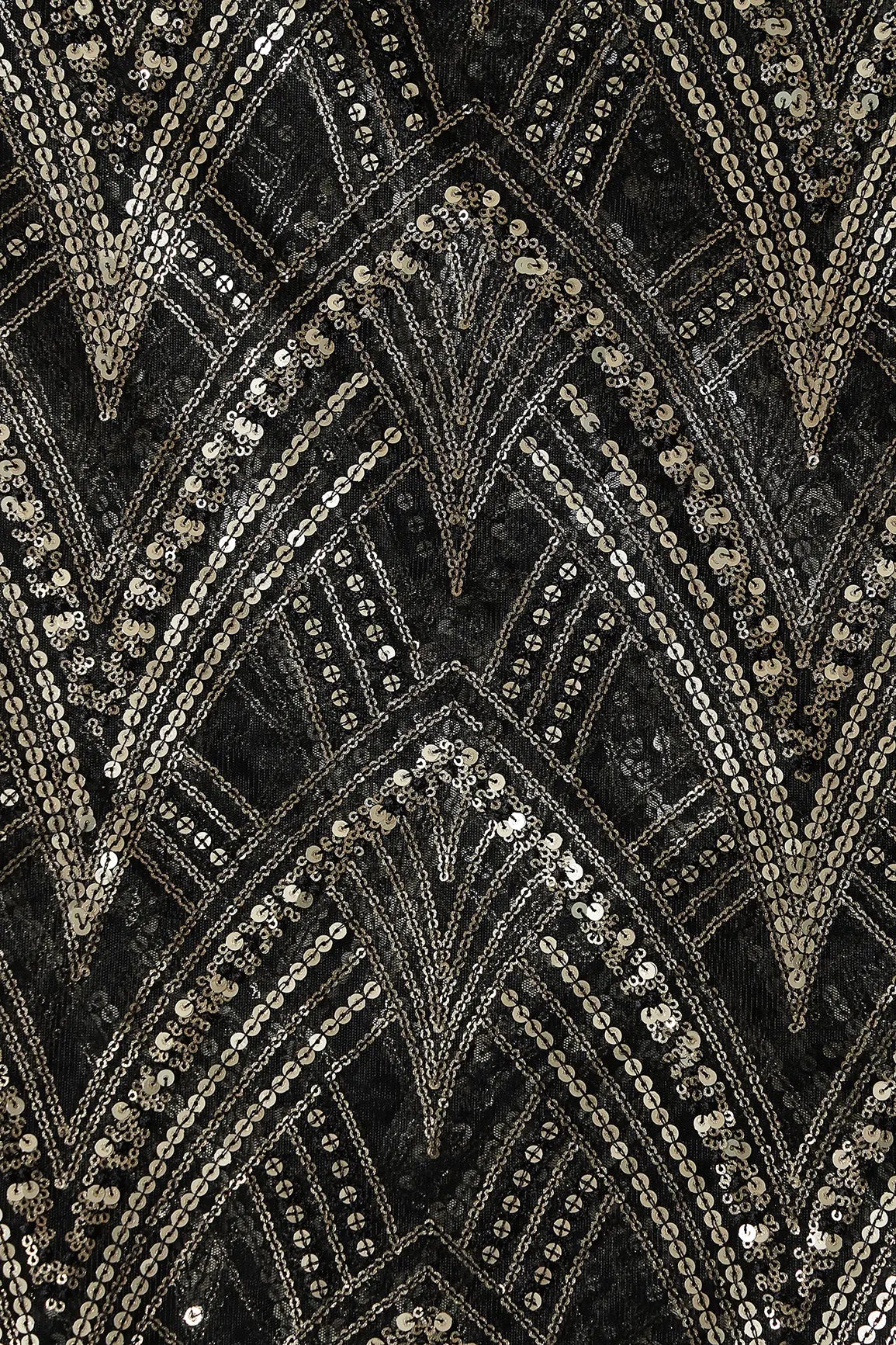 Black Thread With Gold Sequins Geometric Embroidery Work On Black Soft Net Fabric