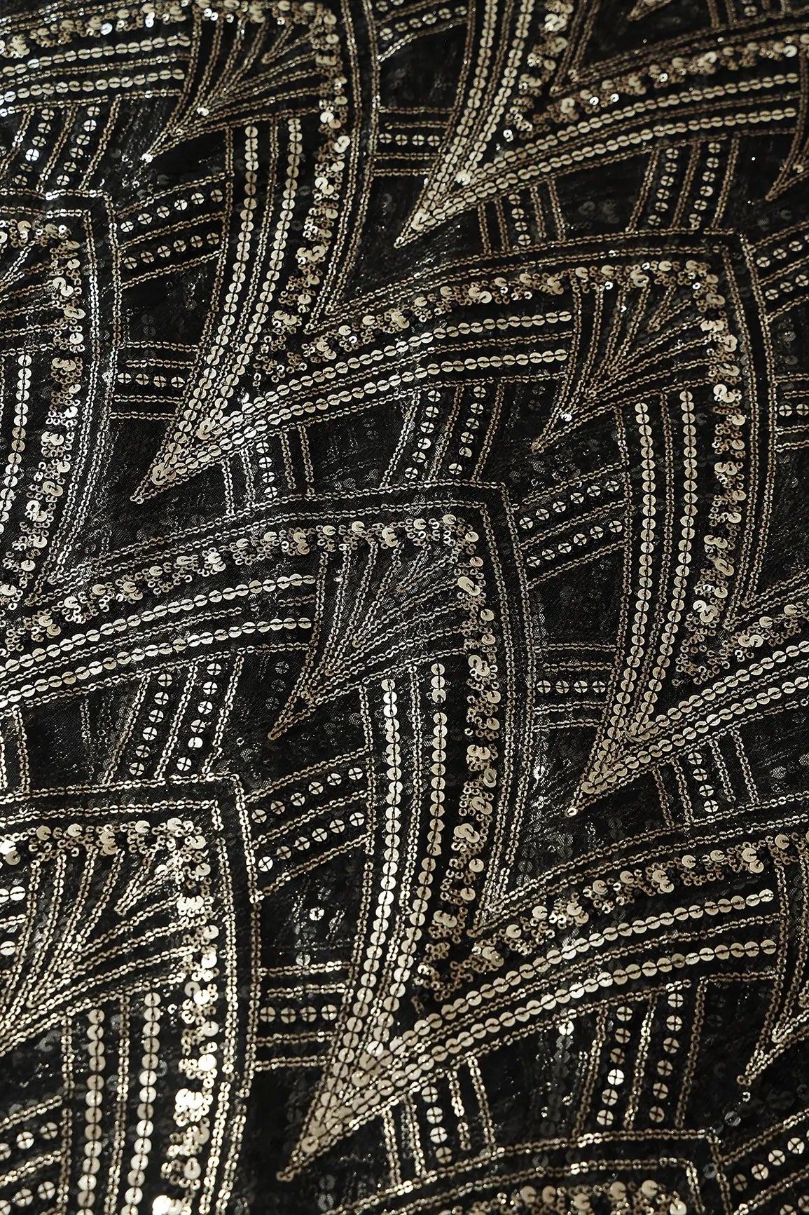 Black Thread With Gold Sequins Geometric Embroidery Work On Black Soft Net Fabric