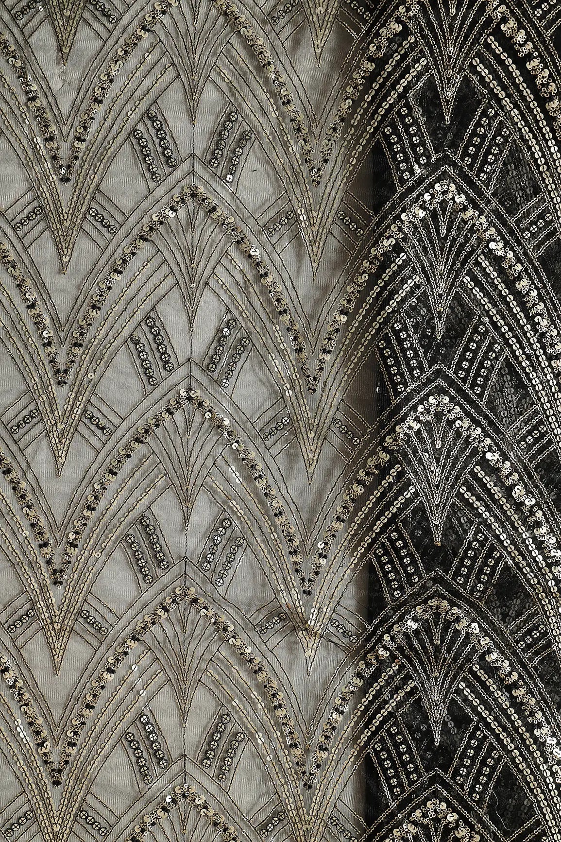 Black Thread With Gold Sequins Geometric Embroidery Work On Black Soft Net Fabric