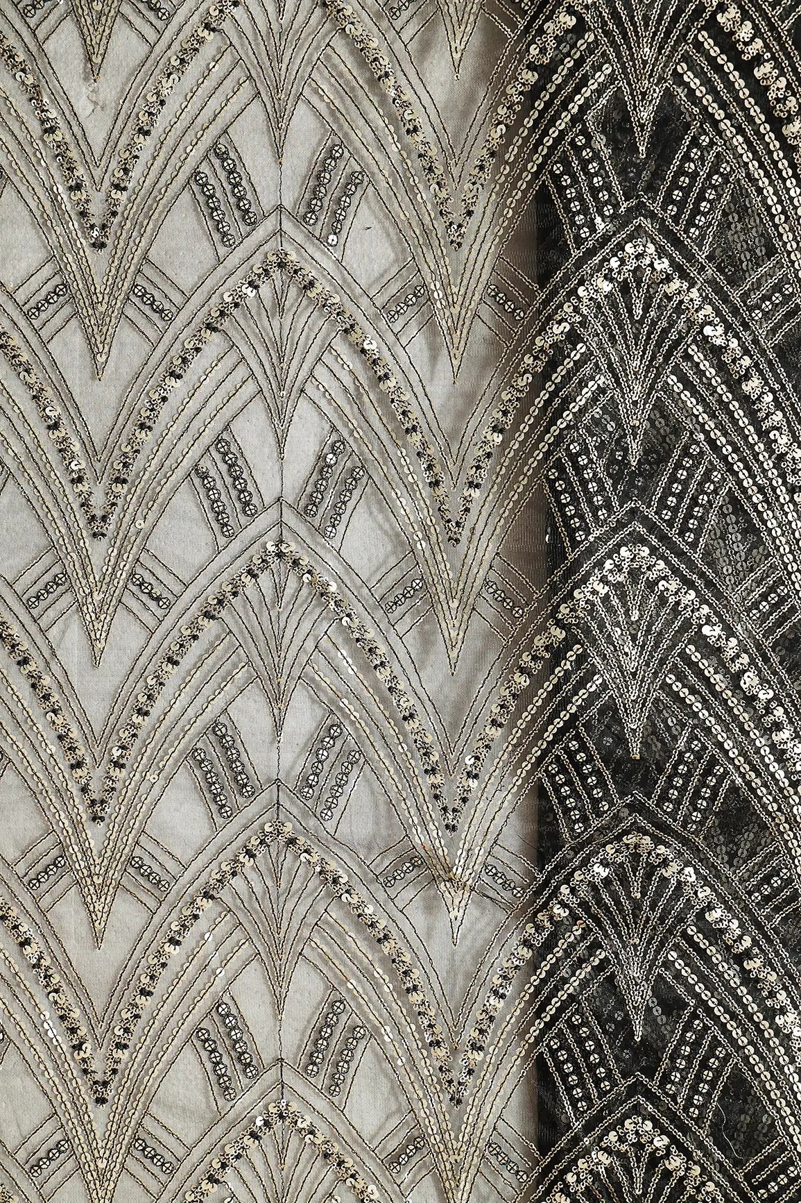 Black Thread With Gold Sequins Geometric Embroidery Work On Black Soft Net Fabric