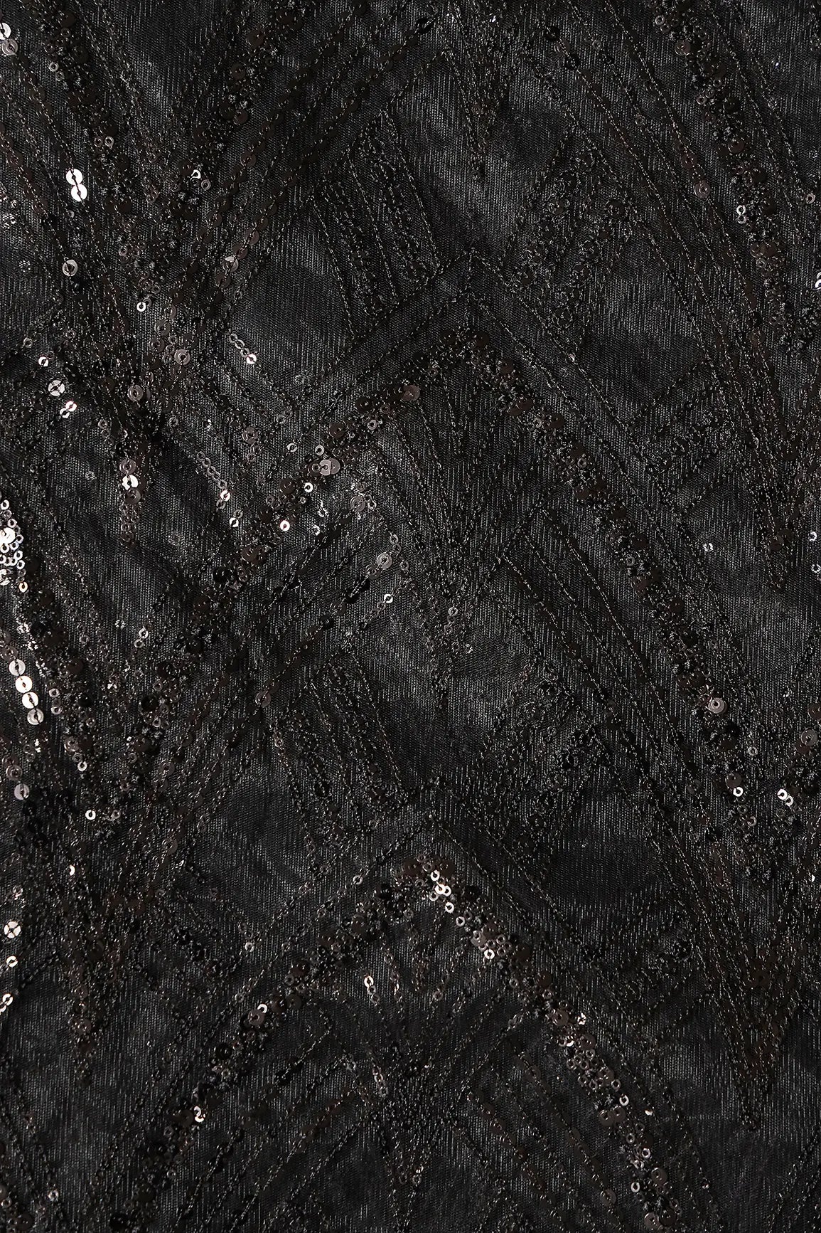 Black Thread With Sequins Geometric Embroidery Work On Black Soft Net Fabric